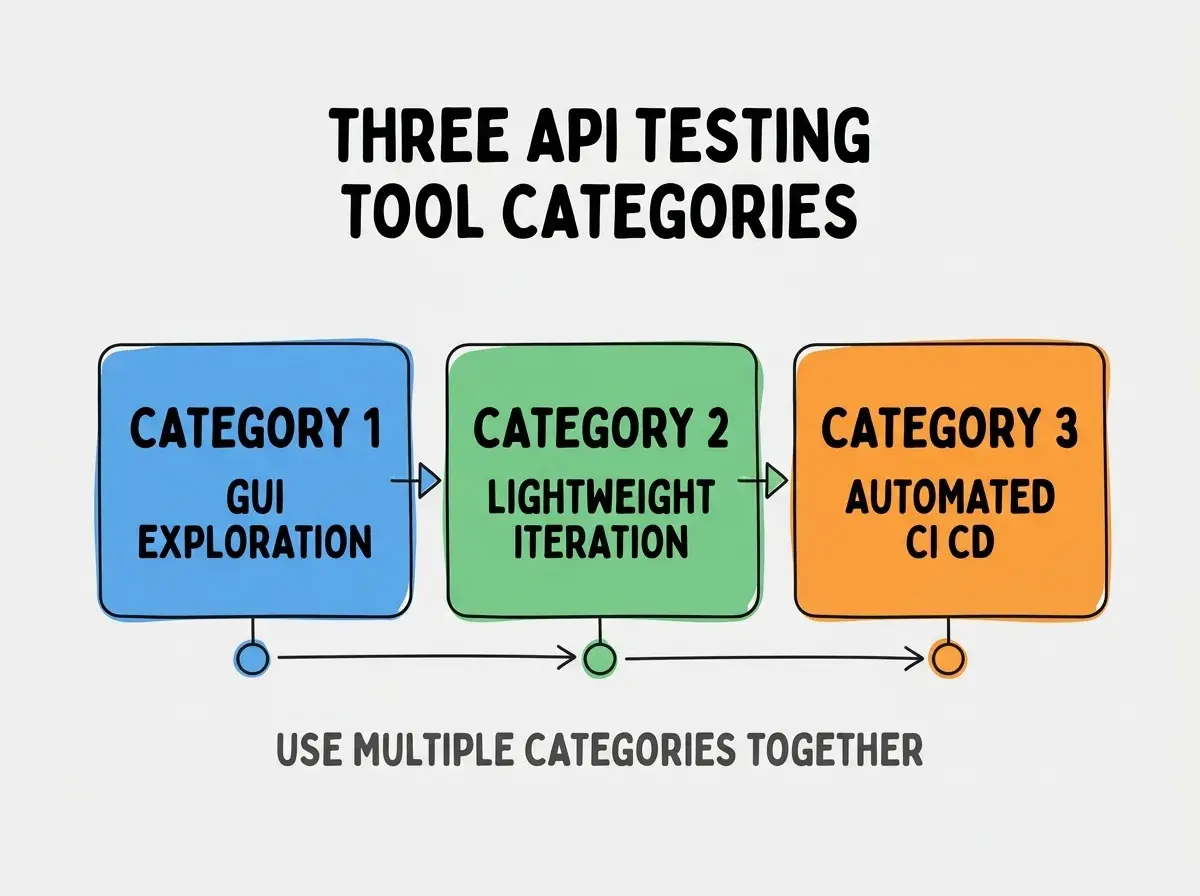 Clean modern flat infographic on light gray background. Top center bold black title text: THREE API TESTING TOOL CATEGORIES. Below title, three colored rounded rectangle cards arranged horizontally. Card 1 blue: large bold text CATEGORY 1 then smaller text GUI EXPLORATION. Card 2 green: large bold text CATEGORY 2 then smaller text LIGHTWEIGHT ITERATION. Card 3 orange: large bold text CATEGORY 3 then smaller text AUTOMATED CI CD. Single footer line below cards in dark gray text: USE MULTIPLE CATEGORIES TOGETHER. Nothing else on canvas. No text outside cards or below cards.