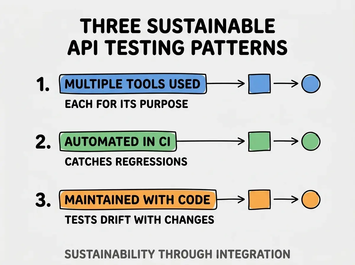 Clean modern flat infographic on light gray background. Top title bold black: THREE SUSTAINABLE API TESTING PATTERNS. Single vertical numbered list with three rows. Row 1 blue badge MULTIPLE TOOLS USED with subtitle EACH FOR ITS PURPOSE. Row 2 green badge AUTOMATED IN CI with subtitle CATCHES REGRESSIONS. Row 3 orange badge MAINTAINED WITH CODE with subtitle TESTS DRIFT WITH CHANGES. Footer text dark gray: SUSTAINABILITY THROUGH INTEGRATION. Each label appears exactly once. No duplicated text.