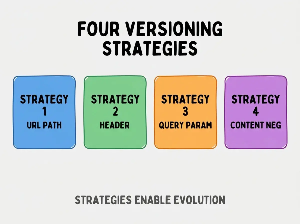 Clean modern flat infographic on light gray background. Top center bold black title text: FOUR VERSIONING STRATEGIES. Below title, four equal sized colored rounded rectangle cards arranged horizontally. Card 1 blue: large bold text STRATEGY 1 then smaller text URL PATH. Card 2 green: large bold text STRATEGY 2 then smaller text HEADER. Card 3 orange: large bold text STRATEGY 3 then smaller text QUERY PARAM. Card 4 purple: large bold text STRATEGY 4 then smaller text CONTENT NEG. Single footer line below cards in dark gray text: STRATEGIES ENABLE EVOLUTION. Nothing else on canvas. No text outside cards or below cards.
