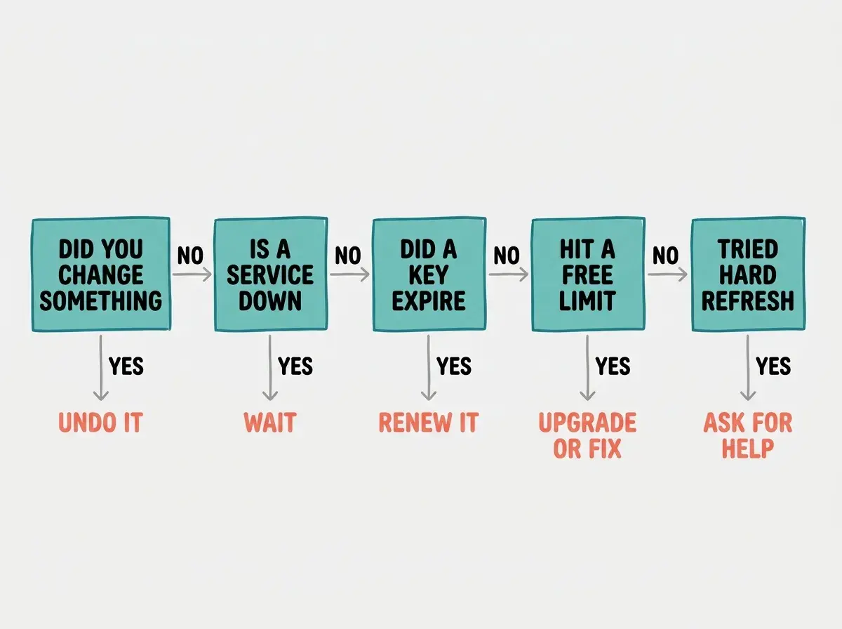 EXPLAINER DIAGRAM: A horizontal flowchart with five decision boxes connected by arrows, styled like a diagnostic checklist. Box 1 labeled DID YOU CHANGE SOMETHING with YES arrow going down to UNDO IT and NO arrow going right. Box 2 labeled IS A SERVICE DOWN with YES arrow down to WAIT and NO arrow right. Box 3 labeled DID A KEY EXPIRE with YES arrow down to RENEW IT and NO arrow right. Box 4 labeled HIT A FREE LIMIT with YES arrow down to UPGRADE OR FIX and NO arrow right. Box 5 labeled TRIED HARD REFRESH with YES arrow down to ASK FOR HELP. Clean layout with teal boxes, coral action labels below, white background, thin gray connecting arrows.
