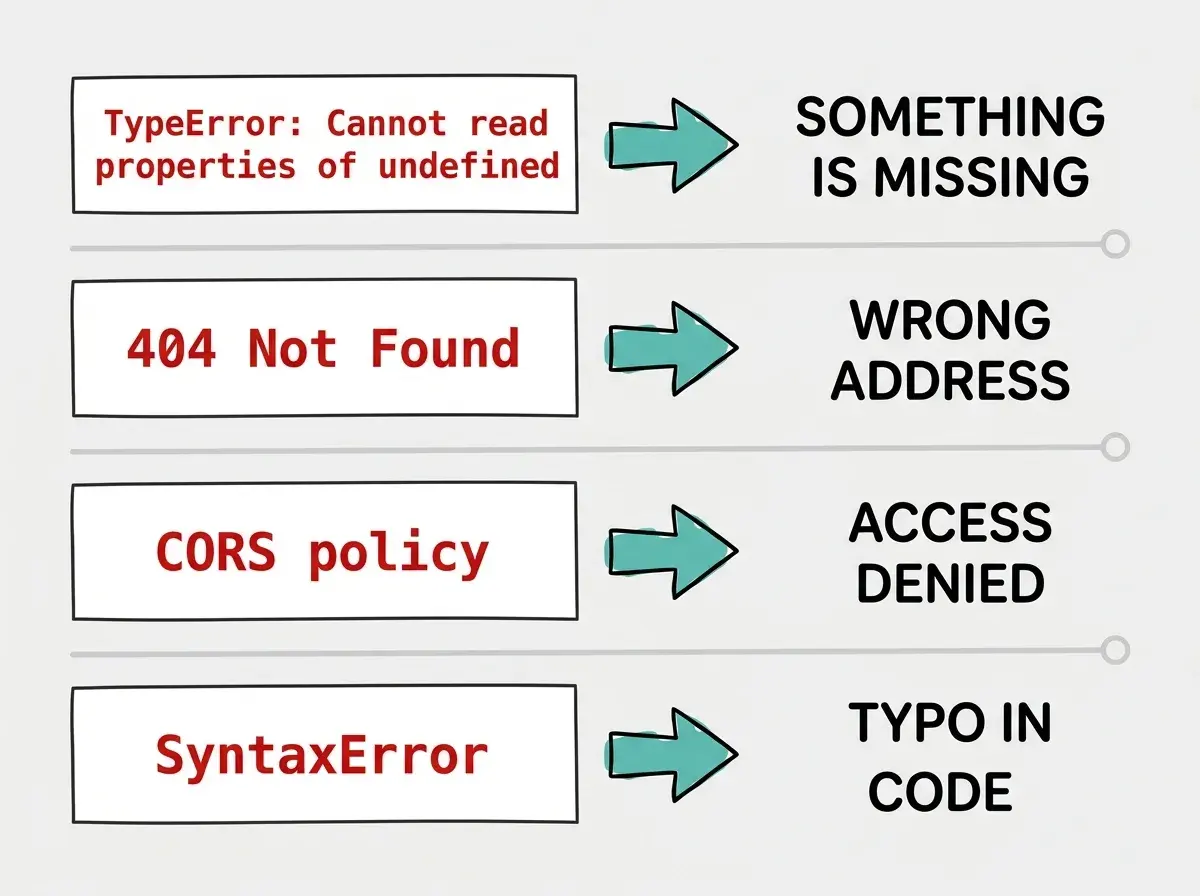 EXPLAINER DIAGRAM: A vertical list of four common browser console errors with translations. Each row has a red error message on the left in a code-style font, an arrow pointing right, and a plain English translation on the right in friendly sans-serif text. Row 1: TypeError Cannot read properties of undefined arrow SOMETHING IS MISSING. Row 2: 404 Not Found arrow WRONG ADDRESS. Row 3: CORS policy arrow ACCESS DENIED. Row 4: SyntaxError arrow TYPO IN CODE. Clean white background with light gray dividers between rows, teal accent on the arrows.