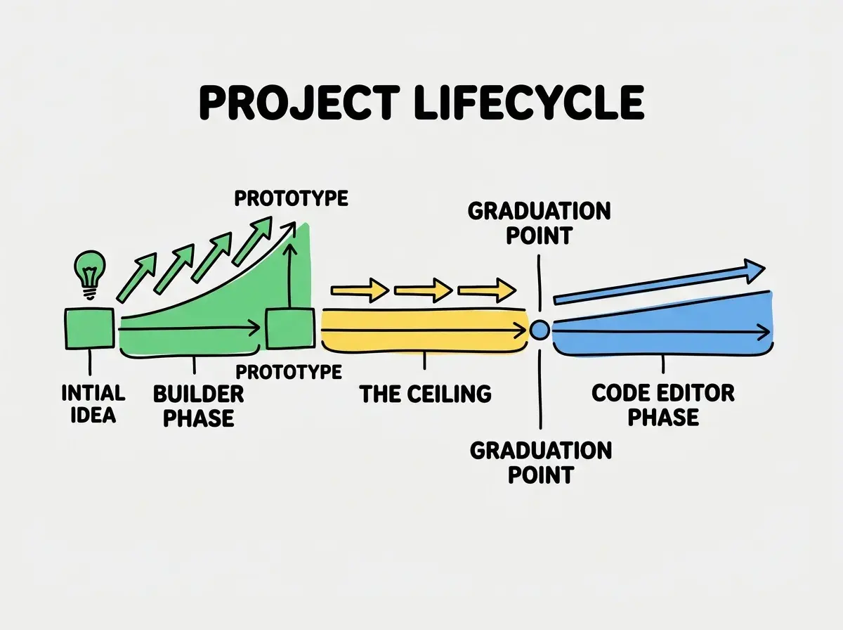 Explainer diagram showing a horizontal timeline labeled PROJECT LIFECYCLE. On the left, a green section labeled BUILDER PHASE shows rapid progress from idea to prototype with upward arrows. In the middle, a yellow section labeled THE CEILING shows progress stalling with flat arrows. On the right, a blue section labeled CODE EDITOR PHASE shows steady progress resuming after graduation. A key moment labeled GRADUATION POINT sits between the yellow and blue sections.