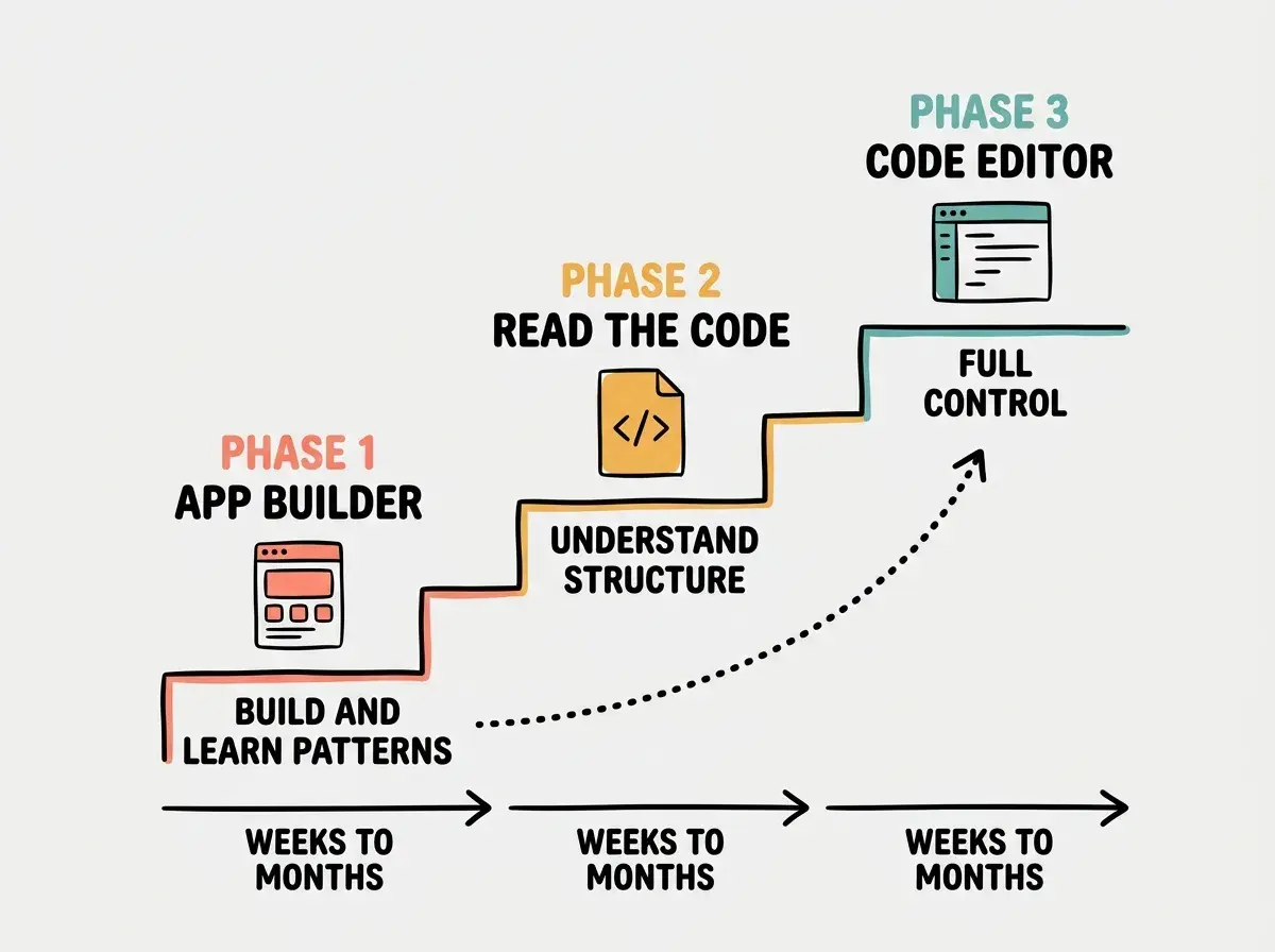 EXPLAINER DIAGRAM: A three-step staircase ascending from left to right on white background. Step one at bottom-left labeled PHASE 1 APP BUILDER in coral shows a simplified app screen icon with text BUILD AND LEARN PATTERNS below. Step two in the middle labeled PHASE 2 READ THE CODE in amber shows a code file icon with text UNDERSTAND STRUCTURE below. Step three at top-right labeled PHASE 3 CODE EDITOR in teal shows an editor window icon with text FULL CONTROL below. A dotted arrow curves upward along the stairs. Below the staircase, a timeline arrow reads WEEKS TO MONTHS between each phase.