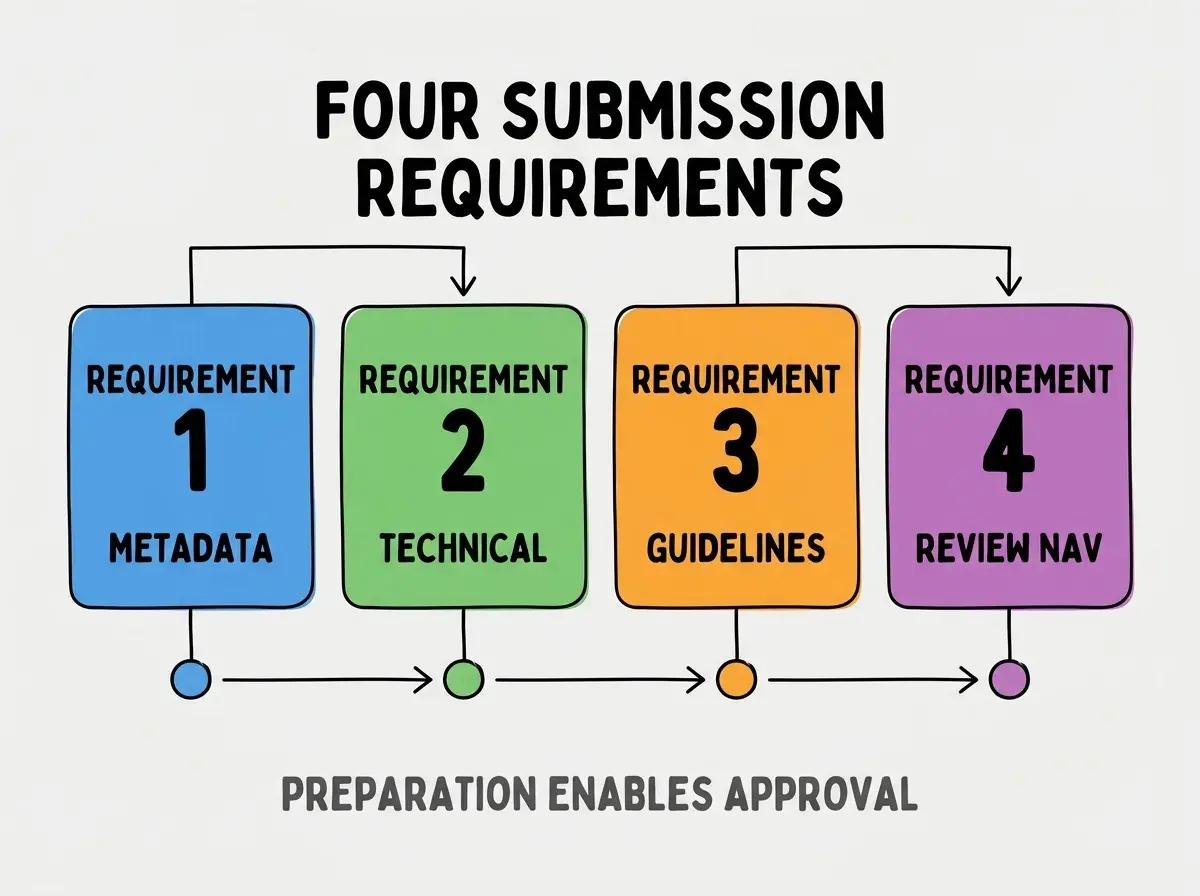 Clean modern flat infographic on light gray background. Top center bold black title text: FOUR SUBMISSION REQUIREMENTS. Below title, four equal sized colored rounded rectangle cards arranged horizontally. Card 1 blue: large bold text REQUIREMENT 1 then smaller text METADATA. Card 2 green: large bold text REQUIREMENT 2 then smaller text TECHNICAL. Card 3 orange: large bold text REQUIREMENT 3 then smaller text GUIDELINES. Card 4 purple: large bold text REQUIREMENT 4 then smaller text REVIEW NAV. Single footer line below cards in dark gray text: PREPARATION ENABLES APPROVAL. Nothing else on canvas. No text outside cards or below cards.