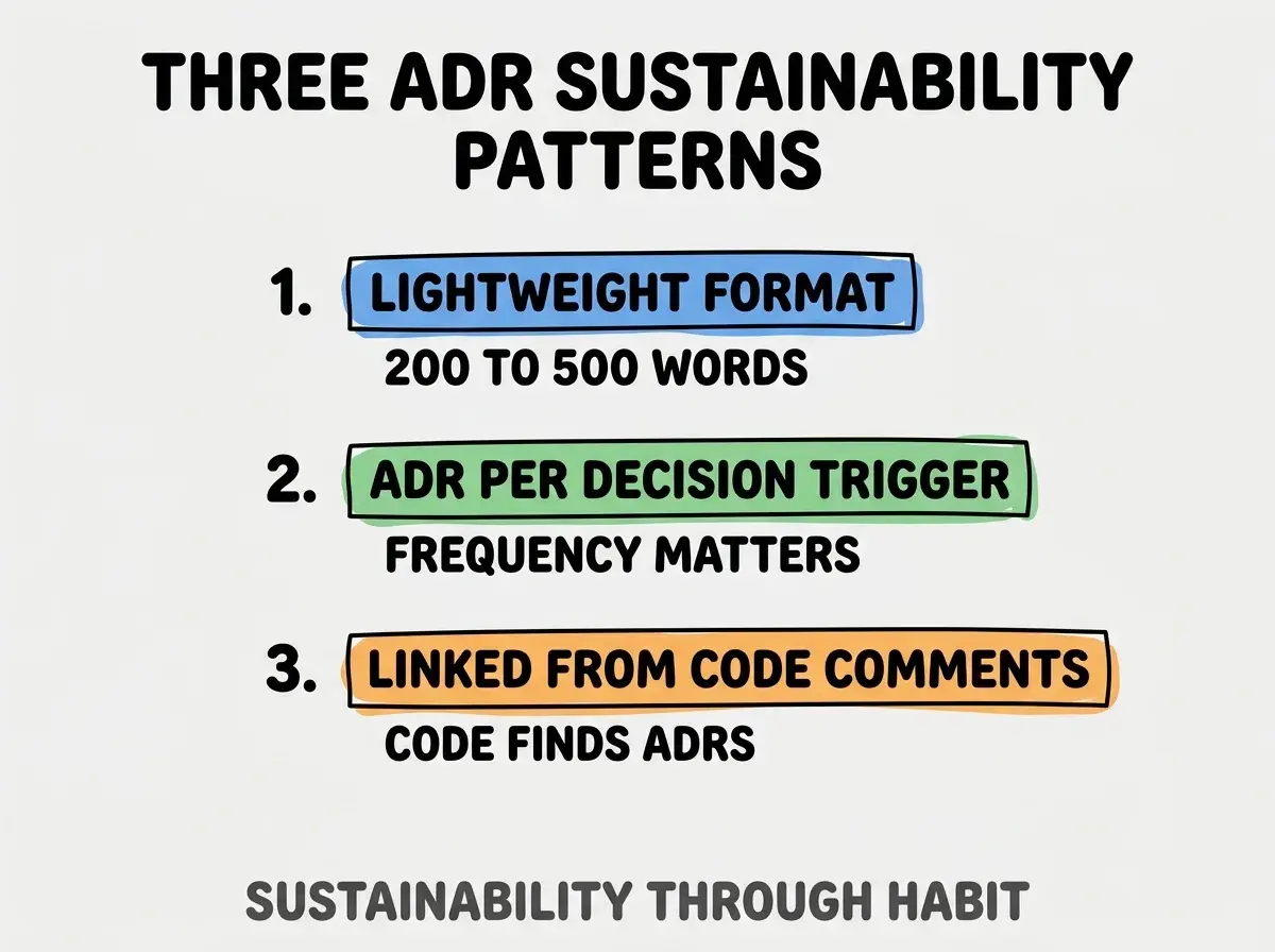 Clean modern flat infographic on light gray background. Top title bold black: THREE ADR SUSTAINABILITY PATTERNS. Single vertical numbered list with three rows. Row 1 blue badge LIGHTWEIGHT FORMAT with subtitle 200 TO 500 WORDS. Row 2 green badge ADR PER DECISION TRIGGER with subtitle FREQUENCY MATTERS. Row 3 orange badge LINKED FROM CODE COMMENTS with subtitle CODE FINDS ADRS. Footer text dark gray: SUSTAINABILITY THROUGH HABIT. Each label appears exactly once. No duplicated text.