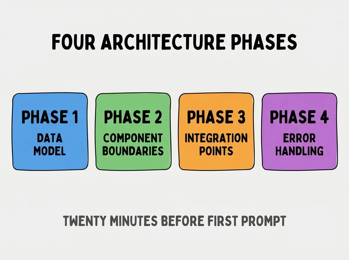 Clean modern flat infographic on light gray background. Top center bold black title text: FOUR ARCHITECTURE PHASES. Below title, four equal sized colored rounded rectangle cards arranged horizontally. Card 1 blue: large bold text PHASE 1 then smaller text DATA MODEL. Card 2 green: large bold text PHASE 2 then smaller text COMPONENT BOUNDARIES. Card 3 orange: large bold text PHASE 3 then smaller text INTEGRATION POINTS. Card 4 purple: large bold text PHASE 4 then smaller text ERROR HANDLING. Single footer line below cards in dark gray text: TWENTY MINUTES BEFORE FIRST PROMPT. Nothing else on canvas. No text outside cards or below cards.