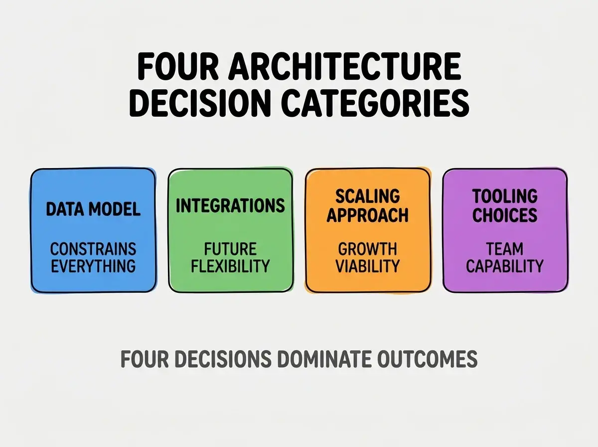 Clean modern flat infographic on light gray background. Top center title bold black sans-serif: FOUR ARCHITECTURE DECISION CATEGORIES. Single horizontal row with four equal sized colored rounded rectangle cards. Card 1 blue background two lines DATA MODEL and CONSTRAINS EVERYTHING. Card 2 green background two lines INTEGRATIONS and FUTURE FLEXIBILITY. Card 3 orange background two lines SCALING APPROACH and GROWTH VIABILITY. Card 4 purple background two lines TOOLING CHOICES and TEAM CAPABILITY. Below the row a single footer line in dark gray text: FOUR DECISIONS DOMINATE OUTCOMES. No other text. No duplicated text anywhere.