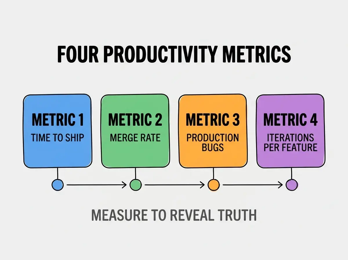 Clean modern flat infographic on light gray background. Top center bold black title text: FOUR PRODUCTIVITY METRICS. Below title, four equal sized colored rounded rectangle cards arranged horizontally. Card 1 blue: large bold text METRIC 1 then smaller text TIME TO SHIP. Card 2 green: large bold text METRIC 2 then smaller text MERGE RATE. Card 3 orange: large bold text METRIC 3 then smaller text PRODUCTION BUGS. Card 4 purple: large bold text METRIC 4 then smaller text ITERATIONS PER FEATURE. Single footer line below cards in dark gray text: MEASURE TO REVEAL TRUTH. Nothing else on canvas. No text outside cards or below cards.