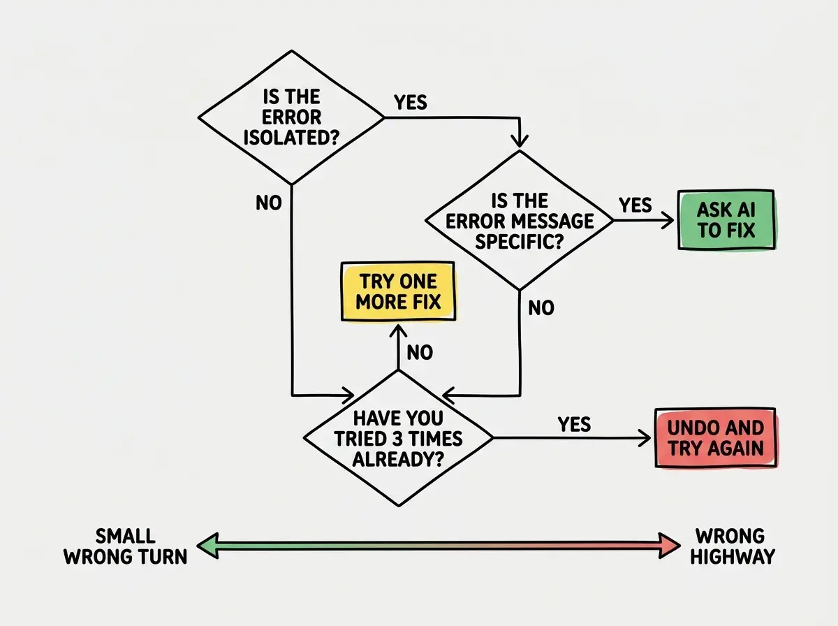 EXPLAINER DIAGRAM: A decision flowchart with a diamond at the top labeled IS THE ERROR ISOLATED? with YES arrow going right and NO arrow going down. The YES path leads to a second diamond labeled IS THE ERROR MESSAGE SPECIFIC? with YES going right to a green box labeled ASK AI TO FIX and NO going down. The NO path from both diamonds merges into a third diamond labeled HAVE YOU TRIED 3 TIMES ALREADY? with YES going right to a red box labeled UNDO AND TRY AGAIN and NO going up to a yellow box labeled TRY ONE MORE FIX. Below the flowchart a horizontal arrow shows a spectrum from SMALL WRONG TURN on the left in green to WRONG HIGHWAY on the right in red.