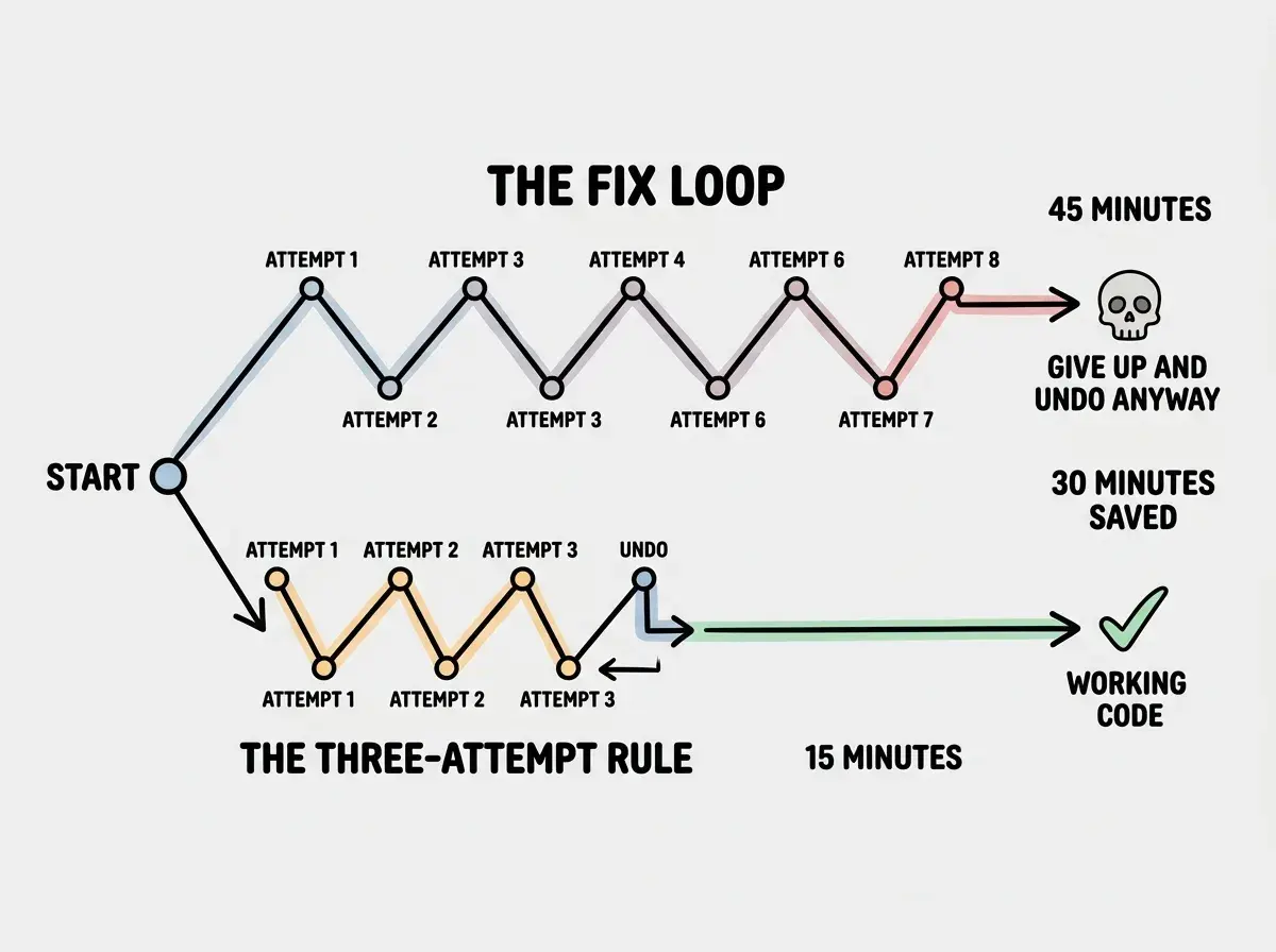 EXPLAINER DIAGRAM: A timeline showing two parallel paths from a START point on the left. The top path labeled THE FIX LOOP shows a zigzag line going right with small labels at each turn reading ATTEMPT 1, ATTEMPT 2, ATTEMPT 3, ATTEMPT 4 through ATTEMPT 8, ending at a skull icon labeled GIVE UP AND UNDO ANYWAY with a total time of 45 MINUTES. The bottom path labeled THE THREE-ATTEMPT RULE shows three short zigzags labeled ATTEMPT 1, ATTEMPT 2, ATTEMPT 3, then a sharp turn back labeled UNDO, followed by a clean straight line to a checkmark icon labeled WORKING CODE with a total time of 15 MINUTES. The difference between the two endpoints is labeled 30 MINUTES SAVED.