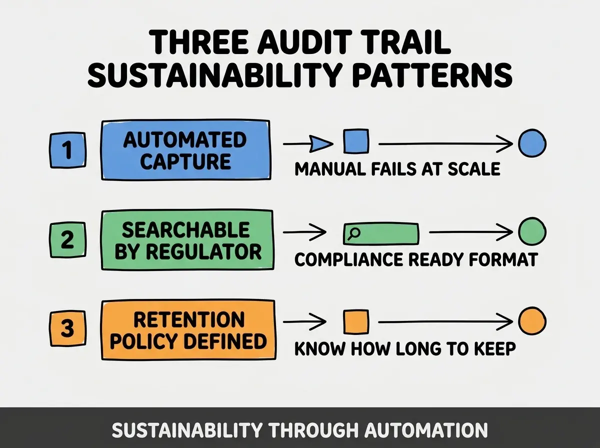 Clean modern flat infographic on light gray background. Top title bold black: THREE AUDIT TRAIL SUSTAINABILITY PATTERNS. Single vertical numbered list with three rows. Row 1 blue badge AUTOMATED CAPTURE with subtitle MANUAL FAILS AT SCALE. Row 2 green badge SEARCHABLE BY REGULATOR with subtitle COMPLIANCE READY FORMAT. Row 3 orange badge RETENTION POLICY DEFINED with subtitle KNOW HOW LONG TO KEEP. Footer text dark gray: SUSTAINABILITY THROUGH AUTOMATION. Each label appears exactly once. No duplicated text.
