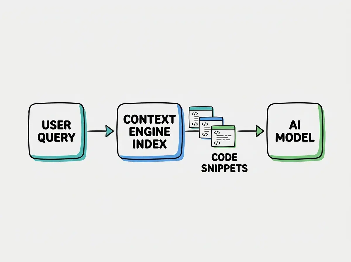 EXPLAINER DIAGRAM: Three boxes labeled User Query, Context Engine Index, and AI Model. Arrows show the query hitting the index, retrieving specific code snippets, and sending only those snippets to the model.