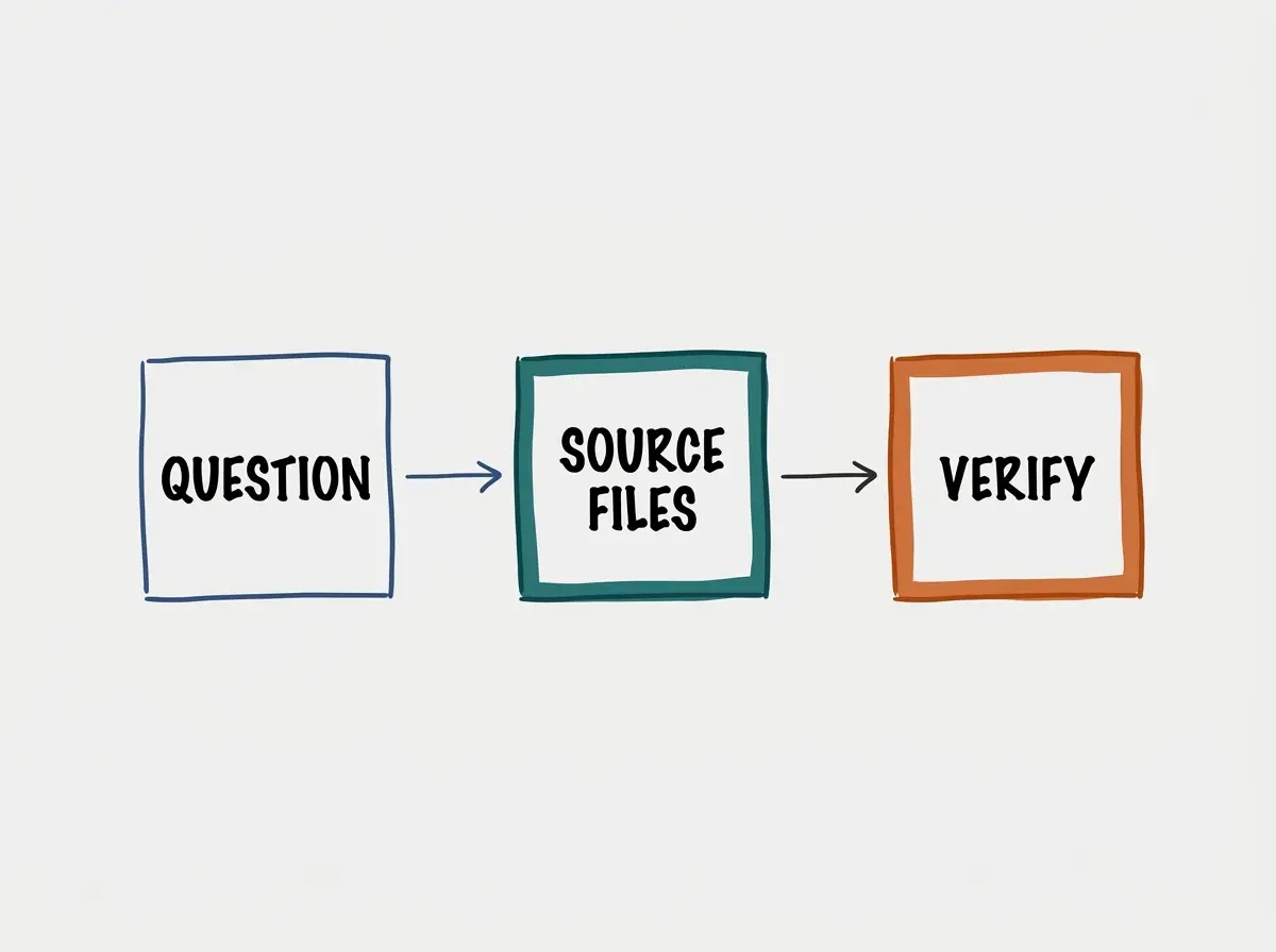 Three connected boxes labeled QUESTION, SOURCE FILES, VERIFY. No statistics, time comparisons, or other text.