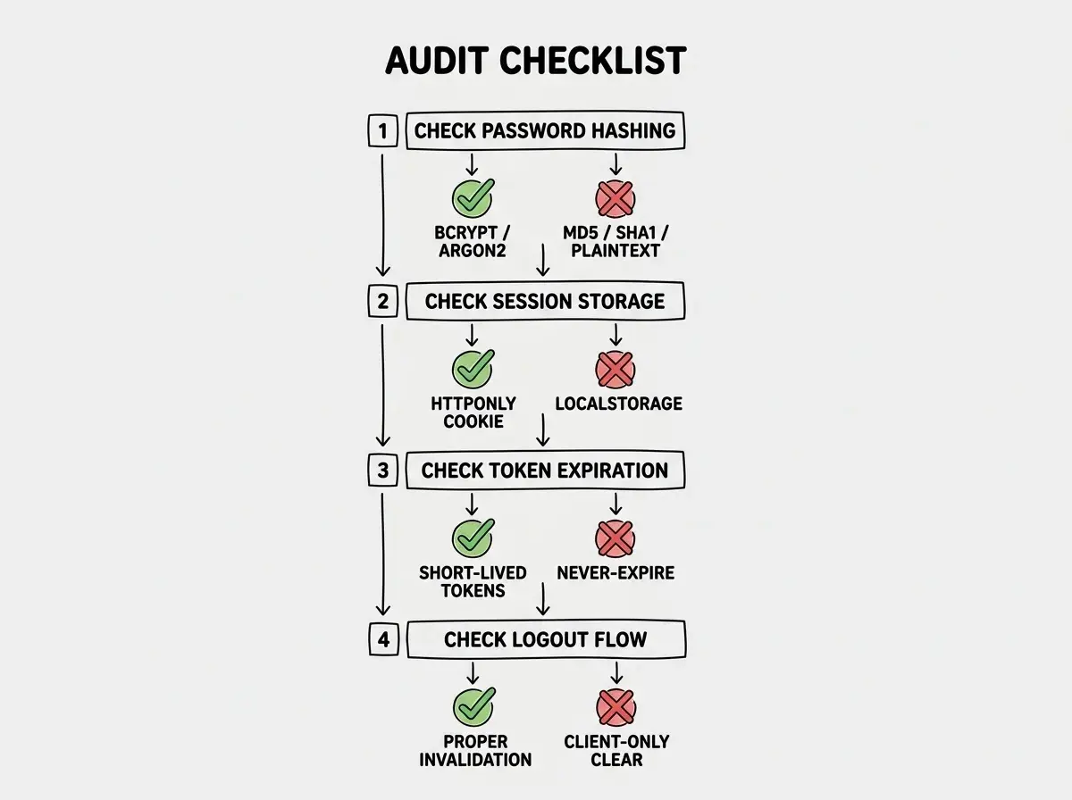 EXPLAINER DIAGRAM: A vertical four-step audit checklist. Step 1 labeled CHECK PASSWORD HASHING with a lock icon, showing a horizontal spectrum from left to right: red zone containing PLAIN TEXT, MD5, SHA-1, SHA-256; yellow zone containing BCRYPT COST 4-10; green zone containing BCRYPT COST 12+ and ARGON2ID. Step 2 labeled FIND TOKEN STORAGE with a browser icon, showing two boxes: red box labeled LOCALSTORAGE with text accessible to XSS, green box labeled HTTPONLY COOKIE with text invisible to JavaScript. Step 3 labeled VERIFY JWT CONFIG with a gear icon, showing three checkboxes: expiry under 60 min, secret from env variable, algorithm explicitly set. Step 4 labeled TEST SESSION LOGOUT with a door icon, showing a flow: log in, copy token, log out, try token again, with two outcomes: red STILL WORKS equals broken, green REJECTED equals correct. A sidebar reads FOUR CHECKS UNDER ONE HOUR.