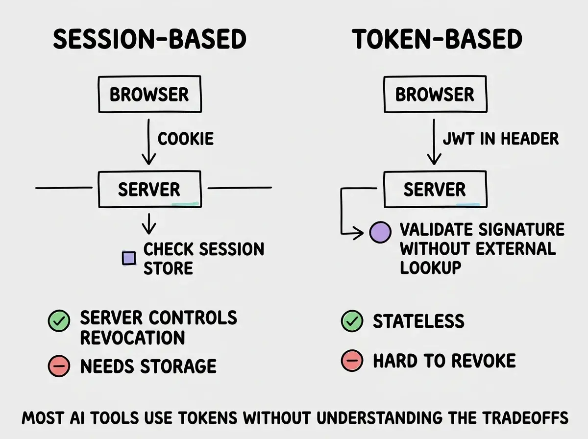 EXPLAINER DIAGRAM: A two-column comparison labeled SESSION-BASED on the left and TOKEN-BASED on the right. Left column shows a flow: USER logs in, SERVER creates session record in a DATABASE icon, server sends back a small SESSION ID card to the browser stored in an HTTPONLY COOKIE box. Below, a green checkmark next to SERVER CAN REVOKE INSTANTLY. Right column shows: USER logs in, SERVER creates a large JWT card containing embedded data (user ID, role, expiry) with no database involved, sends it to the browser. A storage question mark shows two options: HTTPONLY COOKIE with green check or LOCALSTORAGE with red X. Below, a red warning next to CANNOT REVOKE UNTIL EXPIRY. Footer text reads SESSIONS GIVE YOU CONTROL. TOKENS GIVE YOU SIMPLICITY. CHOOSE BASED ON YOUR SECURITY NEEDS.