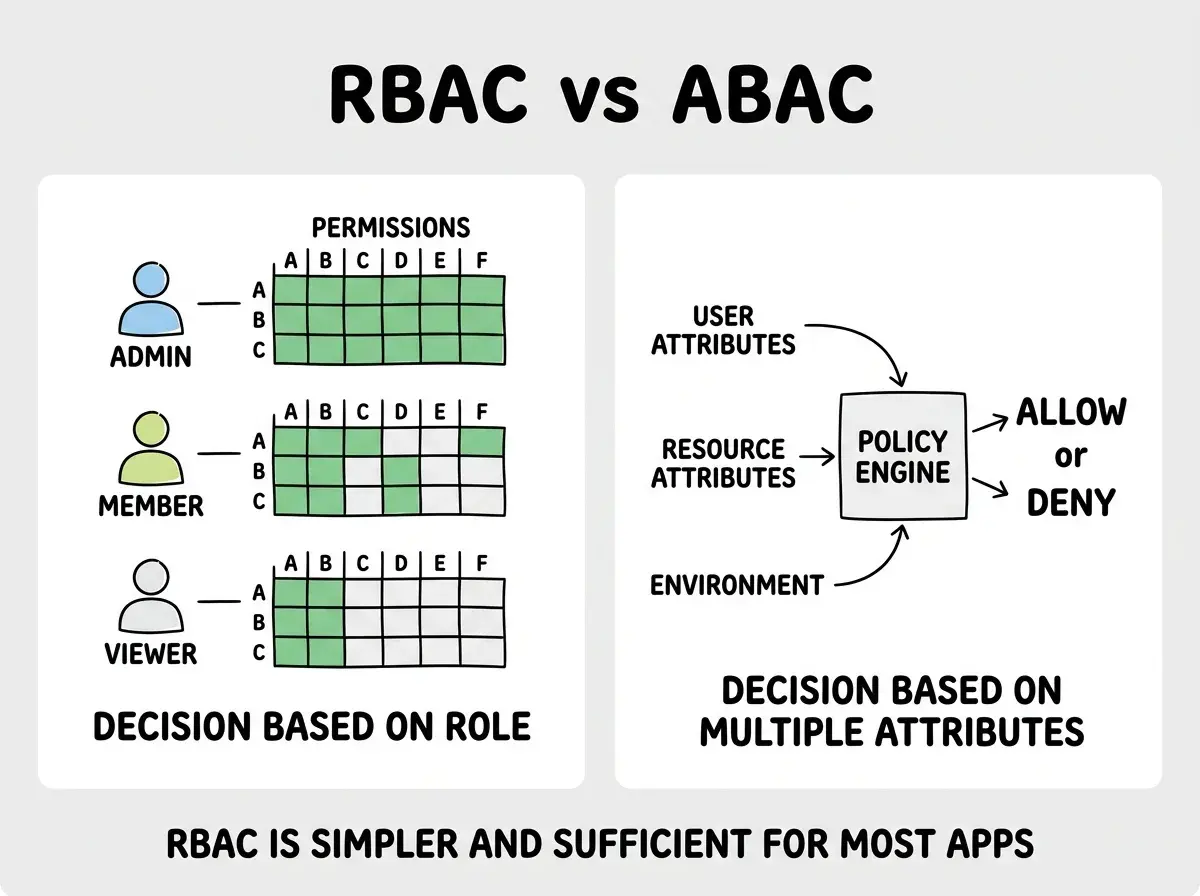 EXPLAINER DIAGRAM: A two-panel comparison of RBAC versus ABAC authorization models. Left panel labeled RBAC (ROLE-BASED) shows three user icons at top labeled ADMIN, MEMBER, and VIEWER. Below each, a vertical list of permissions: Admin has CREATE, READ, UPDATE, DELETE all with green checkmarks. Member has CREATE and READ with green checkmarks, UPDATE OWN with a yellow dot, and DELETE with a red X. Viewer has only READ with a green check and all others with red X marks. A label reads DECISION BASED ON ROLE ASSIGNMENT. Right panel labeled ABAC (ATTRIBUTE-BASED) shows a single user icon at top with three attribute bubbles: DEPARTMENT ENGINEERING, REGION US-EAST, ROLE MANAGER. Below, a policy engine box receives arrows from three sources: USER ATTRIBUTES, RESOURCE ATTRIBUTES (showing owner, department, classification level), and ENVIRONMENT (showing time, IP, device). The policy engine outputs ALLOW or DENY. A label reads DECISION BASED ON MULTIPLE ATTRIBUTES. A footer reads RBAC IS SIMPLER AND SUFFICIENT FOR MOST APPS. ABAC HANDLES COMPLEX MULTI-FACTOR POLICIES.