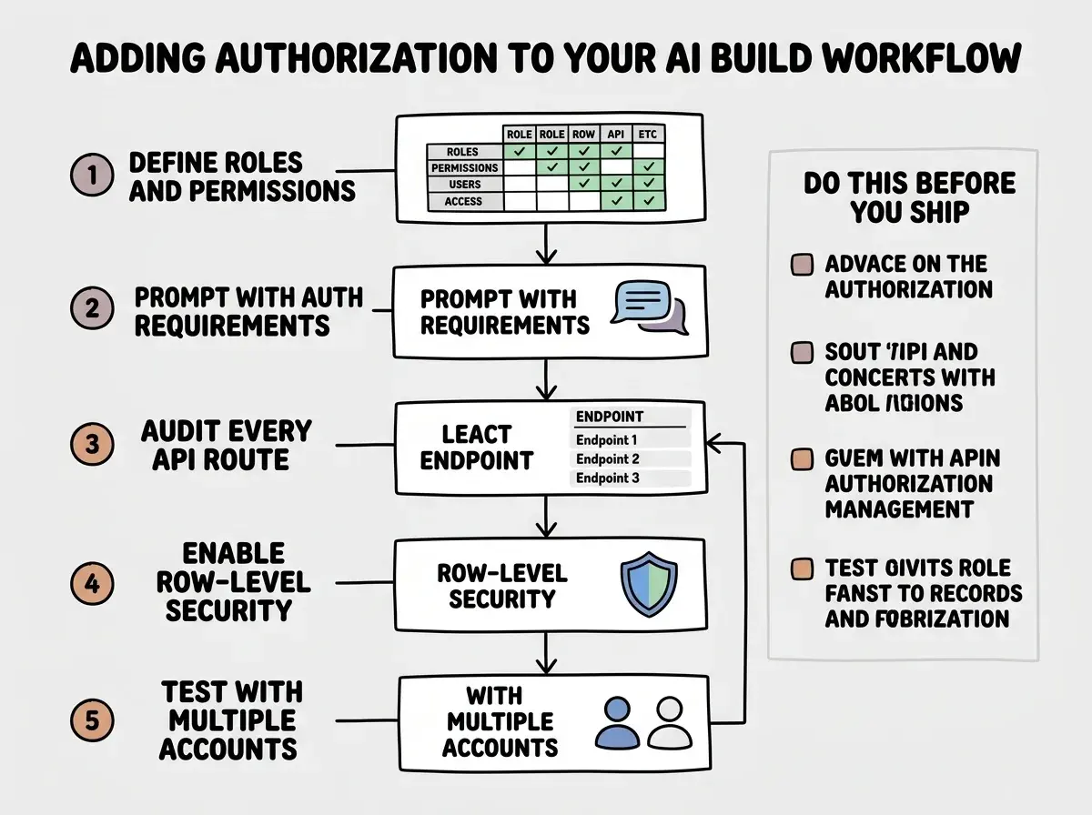 EXPLAINER DIAGRAM: A vertical flowchart titled ADDING AUTHORIZATION TO YOUR AI BUILD WORKFLOW with five numbered steps connected by downward arrows. Step 1 labeled DEFINE ROLES AND PERMISSIONS shows a simple table grid with roles as columns (Admin, Member, Viewer) and actions as rows (Create, Read, Update, Delete) with checkmarks and X marks in cells. Step 2 labeled PROMPT WITH AUTH REQUIREMENTS shows a chat bubble containing specific authorization rules, not just make this require login. Step 3 labeled AUDIT EVERY API ROUTE shows a list of API endpoints each with a role badge showing who can access it. Step 4 labeled ENABLE ROW-LEVEL SECURITY shows a database table icon with a shield overlay and policy rules attached. Step 5 labeled TEST WITH MULTIPLE ACCOUNTS shows two user icons with different role badges both pointing at the same resource, with one getting a green checkmark and the other getting a red access denied. A sidebar note reads DO THIS BEFORE YOU SHIP, NOT AFTER.