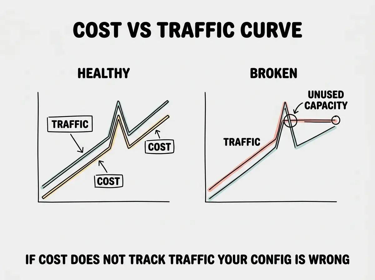 EXPLAINER DIAGRAM titled COST VS TRAFFIC CURVE on a slate background showing two line charts side by side. Left chart labeled HEALTHY shows two parallel ascending lines, one labeled TRAFFIC and one labeled COST, both rising and falling together. Right chart labeled BROKEN shows the same TRAFFIC line but the COST line stays elevated after a TRAFFIC spike, with a labeled flat plateau labeled UNUSED CAPACITY. Footer reads IF YOUR COST DOES NOT TRACK TRAFFIC YOUR CONFIGURATION IS WRONG.