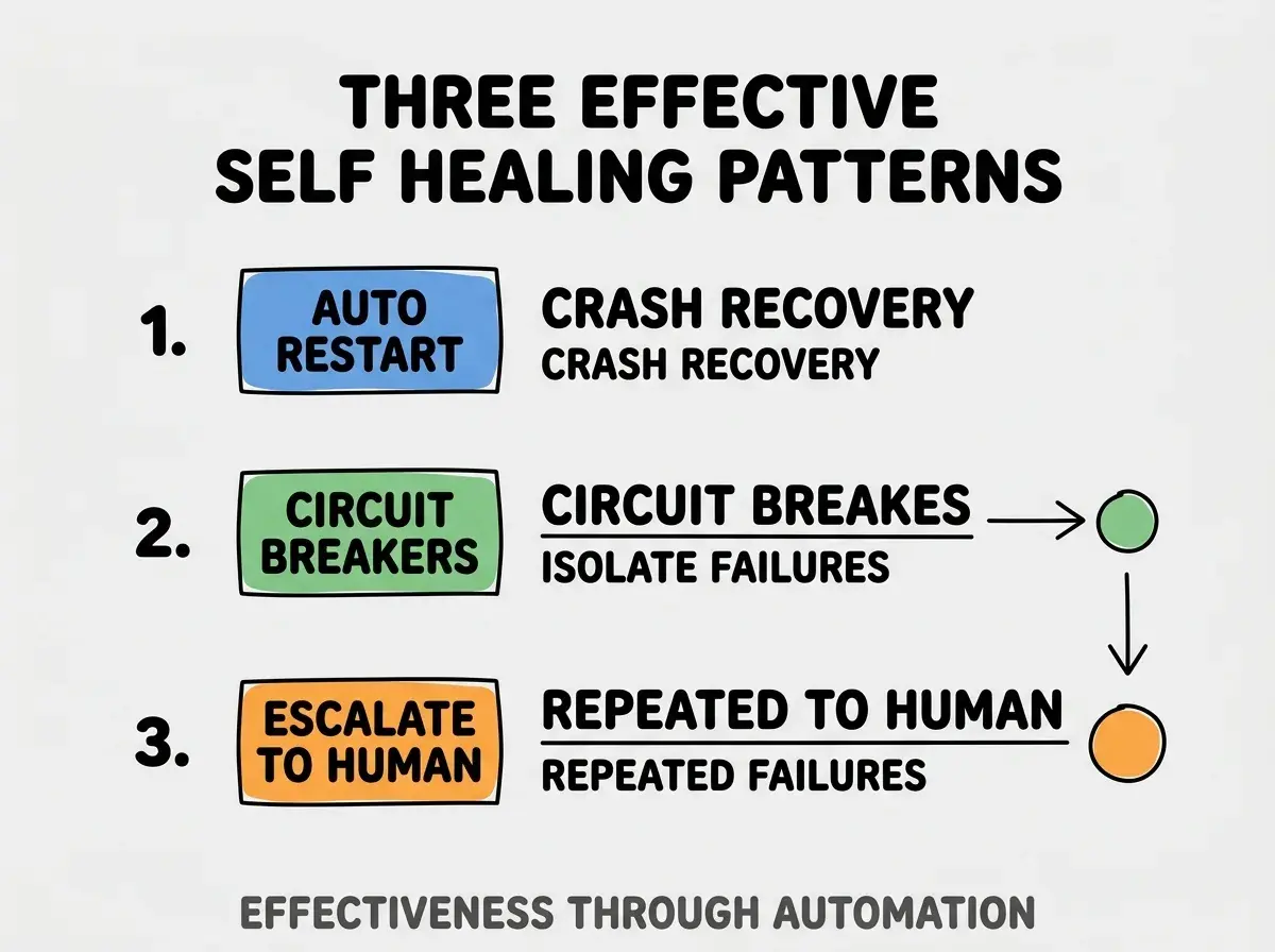 Clean modern flat infographic on light gray background. Top title bold black: THREE EFFECTIVE SELF HEALING PATTERNS. Single vertical numbered list with three rows. Row 1 blue badge AUTO RESTART with subtitle CRASH RECOVERY. Row 2 green badge CIRCUIT BREAKERS with subtitle ISOLATE FAILURES. Row 3 orange badge ESCALATE TO HUMAN with subtitle REPEATED FAILURES. Footer text dark gray: EFFECTIVENESS THROUGH AUTOMATION. Each label appears exactly once. No duplicated text.