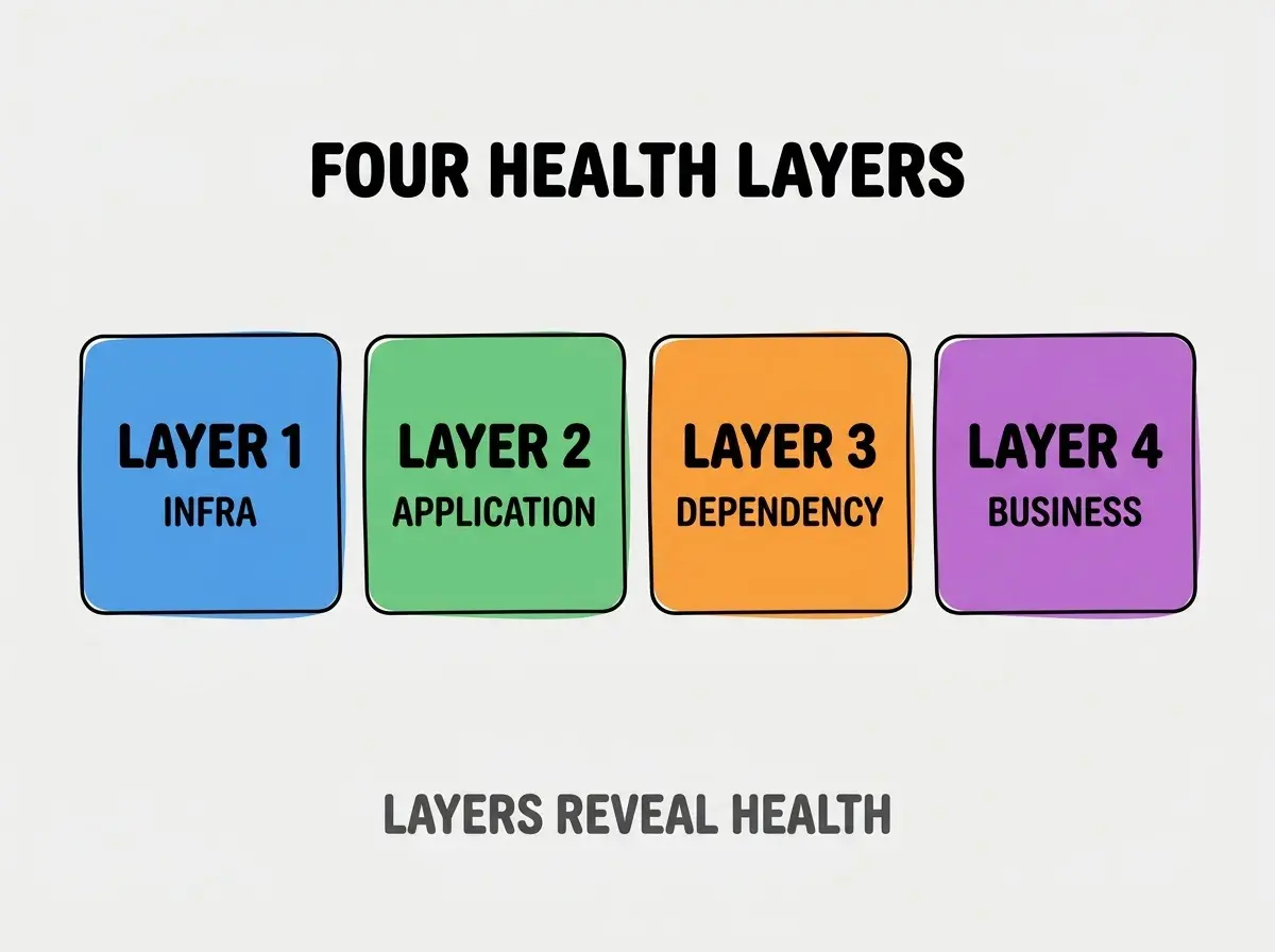 Clean modern flat infographic on light gray background. Top center bold black title text: FOUR HEALTH LAYERS. Below title, four equal sized colored rounded rectangle cards arranged horizontally. Card 1 blue: large bold text LAYER 1 then smaller text INFRA. Card 2 green: large bold text LAYER 2 then smaller text APPLICATION. Card 3 orange: large bold text LAYER 3 then smaller text DEPENDENCY. Card 4 purple: large bold text LAYER 4 then smaller text BUSINESS. Single footer line below cards in dark gray text: LAYERS REVEAL HEALTH. Nothing else on canvas. No text outside cards or below cards.