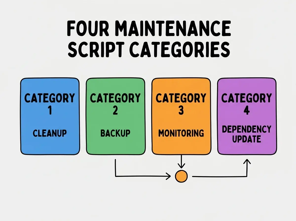 Clean modern flat infographic on light gray background. Top center bold black title text: FOUR MAINTENANCE SCRIPT CATEGORIES. Below title, four equal sized colored rounded rectangle cards arranged horizontally. Card 1 blue: large bold text CATEGORY 1 then smaller text CLEANUP. Card 2 green: large bold text CATEGORY 2 then smaller text BACKUP. Card 3 orange: large bold text CATEGORY 3 then smaller text MONITORING. Card 4 purple: large bold text CATEGORY 4 then smaller text DEPENDENCY UPDATE. Single footer line below cards in dark gray text: AUTOMATION RECLAIMS TIME. Nothing else on canvas. No text outside cards or below cards.