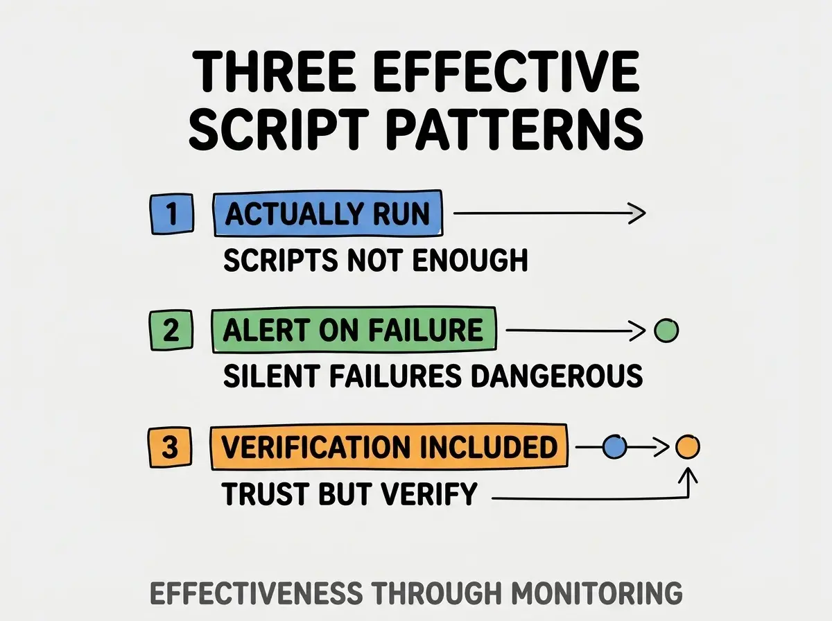 Clean modern flat infographic on light gray background. Top title bold black: THREE EFFECTIVE SCRIPT PATTERNS. Single vertical numbered list with three rows. Row 1 blue badge ACTUALLY RUN with subtitle SCRIPTS NOT ENOUGH. Row 2 green badge ALERT ON FAILURE with subtitle SILENT FAILURES DANGEROUS. Row 3 orange badge VERIFICATION INCLUDED with subtitle TRUST BUT VERIFY. Footer text dark gray: EFFECTIVENESS THROUGH MONITORING. Each label appears exactly once. No duplicated text.