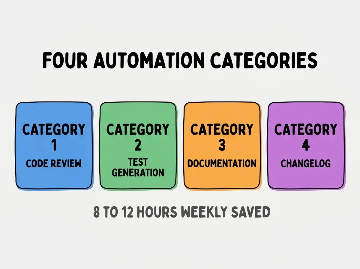 Clean modern flat infographic on light gray background. Top center bold black title text: FOUR AUTOMATION CATEGORIES. Below title, four equal sized colored rounded rectangle cards arranged horizontally. Card 1 blue: large bold text CATEGORY 1 then smaller text CODE REVIEW. Card 2 green: large bold text CATEGORY 2 then smaller text TEST GENERATION. Card 3 orange: large bold text CATEGORY 3 then smaller text DOCUMENTATION. Card 4 purple: large bold text CATEGORY 4 then smaller text CHANGELOG. Single footer line below cards in dark gray text: 8 TO 12 HOURS WEEKLY SAVED. Nothing else on canvas. No text outside cards or below cards.