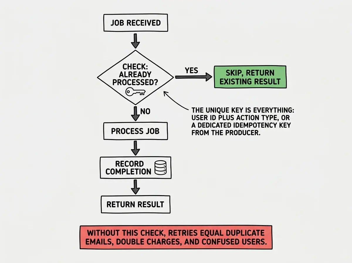 EXPLAINER DIAGRAM: A flowchart showing idempotent job processing. Starts with JOB RECEIVED at top, flows to a diamond decision node labeled CHECK: ALREADY PROCESSED? with a unique key icon. YES arrow goes right to SKIP, RETURN EXISTING RESULT box in green. NO arrow goes down to PROCESS JOB box, then to RECORD COMPLETION with a database icon, then to RETURN RESULT. A side note reads THE UNIQUE KEY IS EVERYTHING: user ID plus action type, or a dedicated idempotency key from the producer. A red warning box at bottom reads WITHOUT THIS CHECK, RETRIES EQUAL DUPLICATE EMAILS, DOUBLE CHARGES, AND CONFUSED USERS.