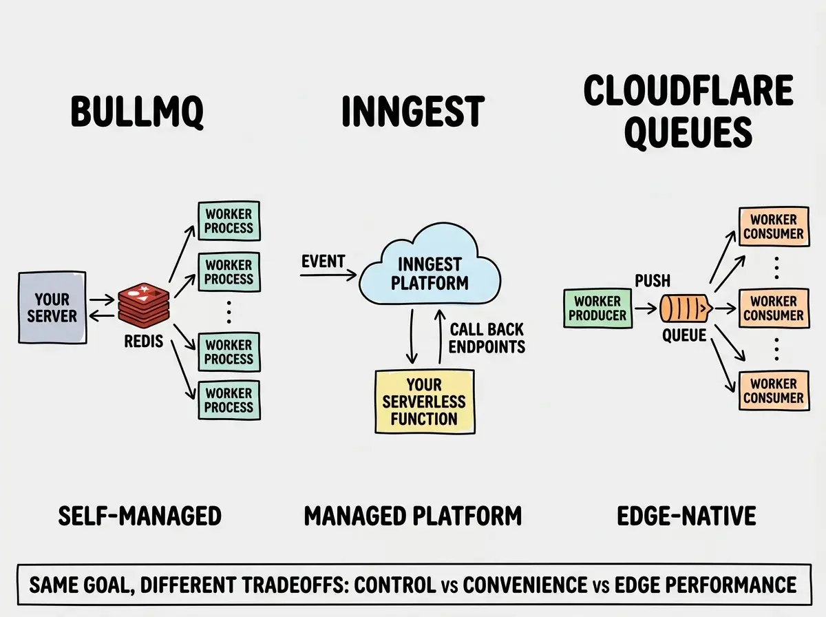 EXPLAINER DIAGRAM: A horizontal flow showing three approaches to background jobs. Left panel labeled BULLMQ shows YOUR SERVER connected to a REDIS icon connected to WORKER PROCESS boxes, with a label SELF-MANAGED beneath. Center panel labeled INNGEST shows an EVENT arrow flowing into a cloud labeled INNGEST PLATFORM, which calls back to YOUR SERVERLESS FUNCTION endpoints, with a label MANAGED PLATFORM beneath. Right panel labeled CLOUDFLARE QUEUES shows a WORKER PRODUCER pushing to a QUEUE icon, which fans out to WORKER CONSUMER instances, with a label EDGE-NATIVE beneath. All three panels share a bottom bar reading SAME GOAL, DIFFERENT TRADEOFFS: CONTROL vs CONVENIENCE vs EDGE PERFORMANCE.
