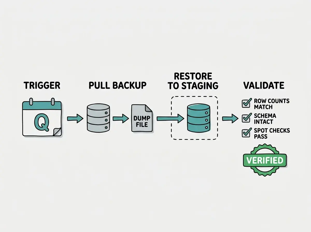 EXPLAINER DIAGRAM: A horizontal four-step restore drill workflow. Step 1 labeled TRIGGER shows a calendar icon with Q for quarterly and a clock showing the restore drill date. Step 2 labeled PULL BACKUP shows a database icon with an arrow pointing to a file icon labeled dump file. Step 3 labeled RESTORE TO STAGING shows the dump file arrow pointing to a separate database icon labeled staging database with a dashed border to indicate it is isolated from production. Step 4 labeled VALIDATE shows a checklist icon with three items checked: row counts match, schema intact, spot checks pass. A green VERIFIED badge appears below Step 4. Clean flat diagram on white background with teal and gray accent colors.