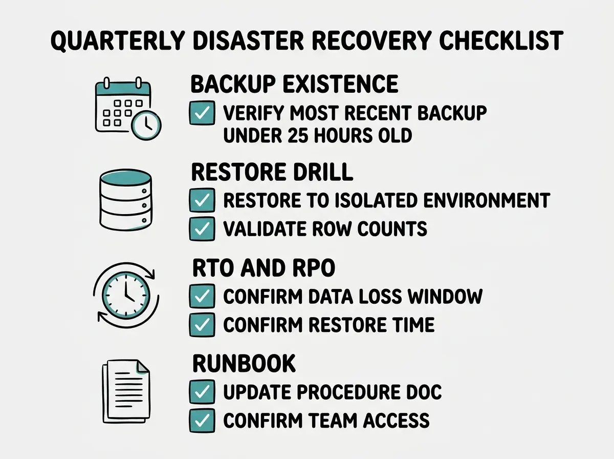 EXPLAINER DIAGRAM: A quarterly disaster recovery checklist displayed as a vertical task list with four sections. Section 1 labeled BACKUP EXISTENCE shows a calendar icon and a checkbox item: verify most recent backup timestamp is under 25 hours old. Section 2 labeled RESTORE DRILL shows a database icon and two checkbox items: restore backup to isolated environment, validate row counts and spot checks. Section 3 labeled RTO AND RPO shows a clock icon and two checkbox items: confirm acceptable data loss window, confirm restore time target. Section 4 labeled RUNBOOK shows a document icon and two checkbox items: update restore procedure doc, confirm all team members have access. Checkboxes are styled as teal squares with white checkmarks. Clean flat layout on white background.