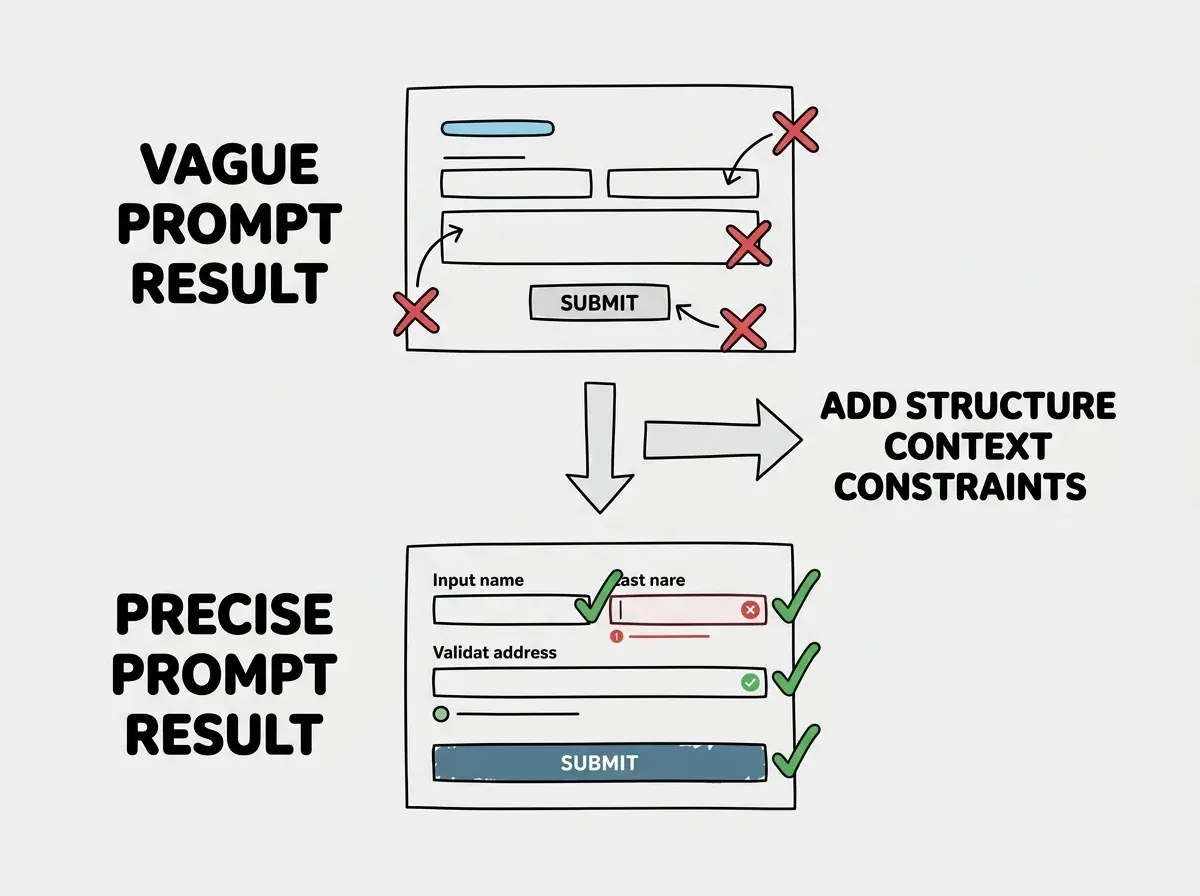 EXPLAINER DIAGRAM: A two-row comparison layout. Top row is labeled VAGUE PROMPT RESULT and shows a simple wireframe of a form with two unlabeled input fields and a plain Submit button, with red X marks next to items listed on the right: no validation, no steps, no error states, no loading, no data structure. Bottom row is labeled PRECISE PROMPT RESULT and shows a wireframe of a three-step form with a progress bar at the top showing Step 2 of 3 active, labeled fields for Company Name and Company Size with a dropdown, Back and Next buttons, and an inline error message below one field, with green checkmarks next to items on the right: Zod validation, multi-step navigation, inline errors, progress indicator, defined data shape. A large vertical arrow between the rows is labeled SAME AI TOOL DIFFERENT INPUT.