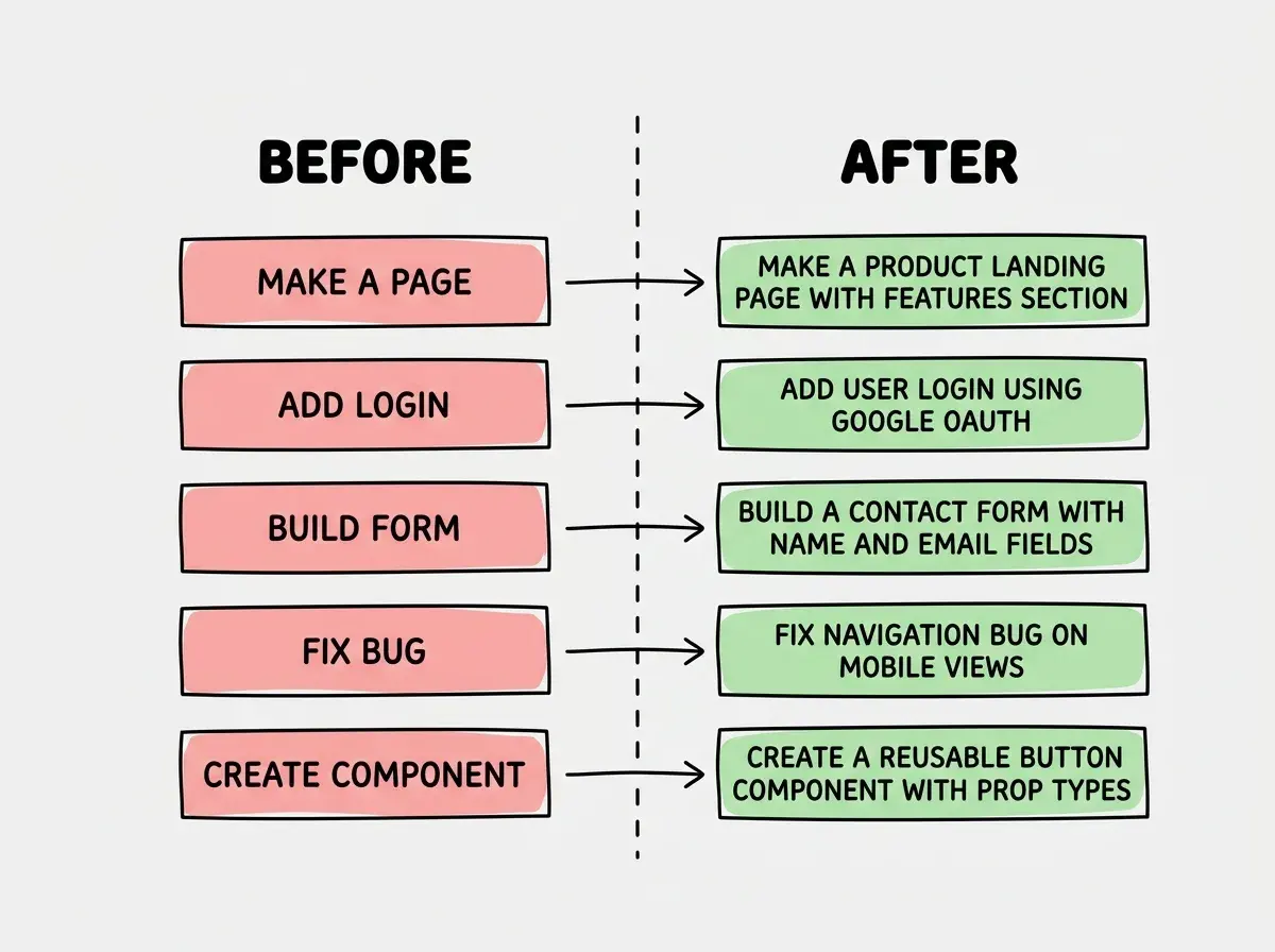 EXPLAINER DIAGRAM: A horizontal before-after comparison with a dividing line down the center. Left side is labeled BEFORE with five prompt snippets stacked vertically, each in a red-tinted box: Build a landing page, Add authentication, Create a form, Create a modal, Make a chart. Right side is labeled AFTER with the same five items in green-tinted boxes, each showing 3-4 key additions as bullet points. Landing page adds: audience, headline, features, color system. Authentication adds: NextAuth v5, Prisma adapter, specific pages, scope limit. Form adds: multi-step, field definitions, validation library, progress bar. Modal adds: props API, accessibility, animation, portal. Chart adds: Recharts, MRR data, styling tokens, tooltip behavior. A banner at the bottom reads FROM 5 WORDS TO 60 SECONDS OF THINKING.