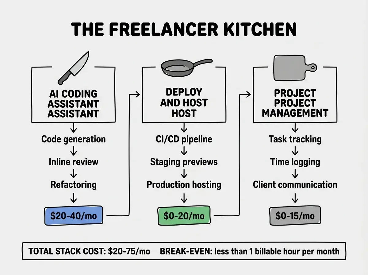 Three-column layout diagram with header THE FREELANCER KITCHEN. Column 1 shows a knife icon labeled AI CODING ASSISTANT with three sub-items: Code generation, Inline review, Refactoring. Estimated cost $20-40/mo in a blue badge. Column 2 shows a pan icon labeled DEPLOY AND HOST with three sub-items: CI/CD pipeline, Staging previews, Production hosting. Estimated cost $0-20/mo in a green badge. Column 3 shows a cutting board icon labeled PROJECT MANAGEMENT with three sub-items: Task tracking, Time logging, Client communication. Estimated cost $0-15/mo in a gray badge. Below all three columns a summary bar reads TOTAL STACK COST: $20-75/mo and BREAK-EVEN: less than 1 billable hour per month. White background with clean lines.