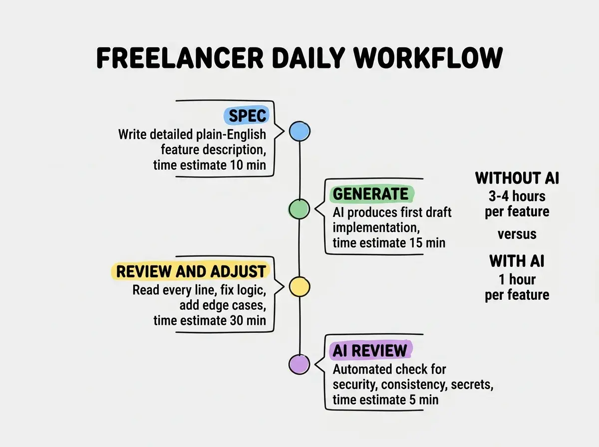 Vertical timeline diagram with header FREELANCER DAILY WORKFLOW. Four nodes connected by a vertical line. Node 1 labeled SPEC in blue with text Write detailed plain-English feature description, time estimate 10 min. Node 2 labeled GENERATE in green with text AI produces first draft implementation, time estimate 15 min. Node 3 labeled REVIEW AND ADJUST in yellow with text Read every line, fix logic, add edge cases, time estimate 30 min. Node 4 labeled AI REVIEW in purple with text Automated check for security, consistency, secrets, time estimate 5 min. Right side shows a comparison: WITHOUT AI 3-4 hours per feature versus WITH AI 1 hour per feature. Clean white background with colored accent circles at each node.