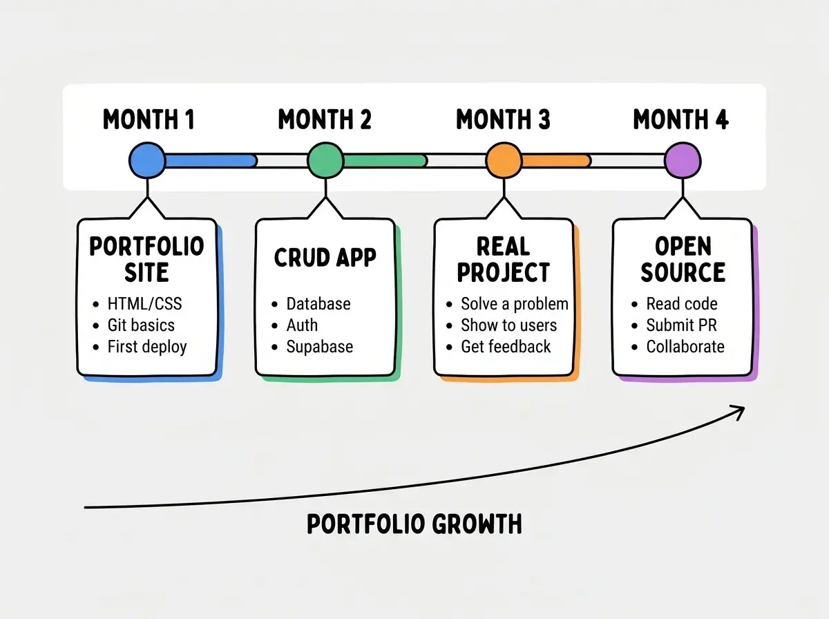 EXPLAINER DIAGRAM: A horizontal timeline on white background with four nodes. Node 1 labeled MONTH 1 in blue has a card below reading PORTFOLIO SITE with bullet points for HTML/CSS, Git basics, First deploy. Node 2 labeled MONTH 2 in green has a card reading CRUD APP with bullet points for Database, Auth, Supabase. Node 3 labeled MONTH 3 in orange has a card reading REAL PROJECT with bullet points for Solve a problem, Show to users, Get feedback. Node 4 labeled MONTH 4 in purple has a card reading OPEN SOURCE with bullet points for Read code, Submit PR, Collaborate. A progress bar connects all four nodes. Below the timeline a label reads PORTFOLIO GROWTH shown as an upward curve.