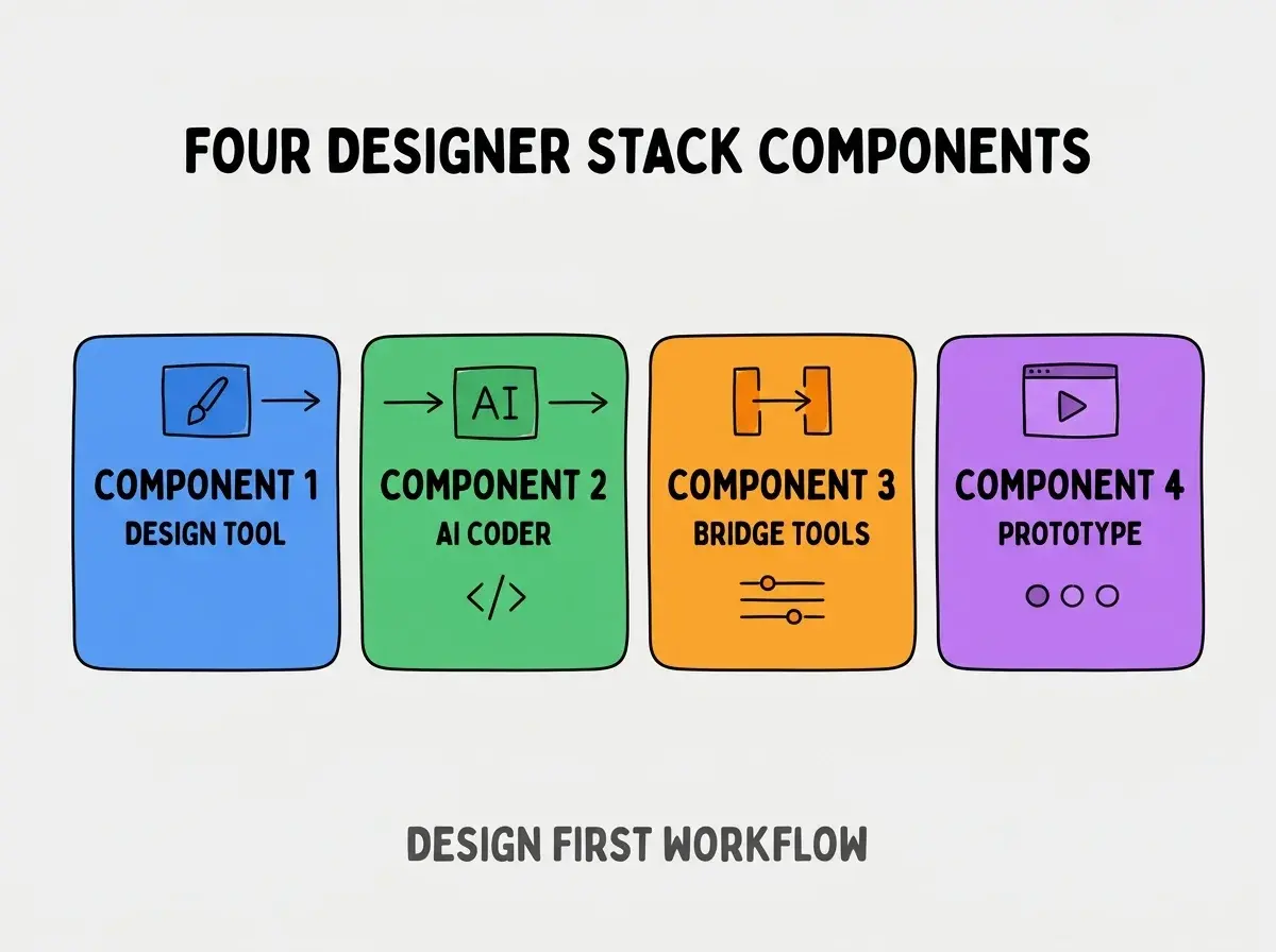 Clean modern flat infographic on light gray background. Top center bold black title text: FOUR DESIGNER STACK COMPONENTS. Below title, four equal sized colored rounded rectangle cards arranged horizontally. Card 1 blue: large bold text COMPONENT 1 then smaller text DESIGN TOOL. Card 2 green: large bold text COMPONENT 2 then smaller text AI CODER. Card 3 orange: large bold text COMPONENT 3 then smaller text BRIDGE TOOLS. Card 4 purple: large bold text COMPONENT 4 then smaller text PROTOTYPE. Single footer line below cards in dark gray text: DESIGN FIRST WORKFLOW. Nothing else on canvas. No text outside cards or below cards.