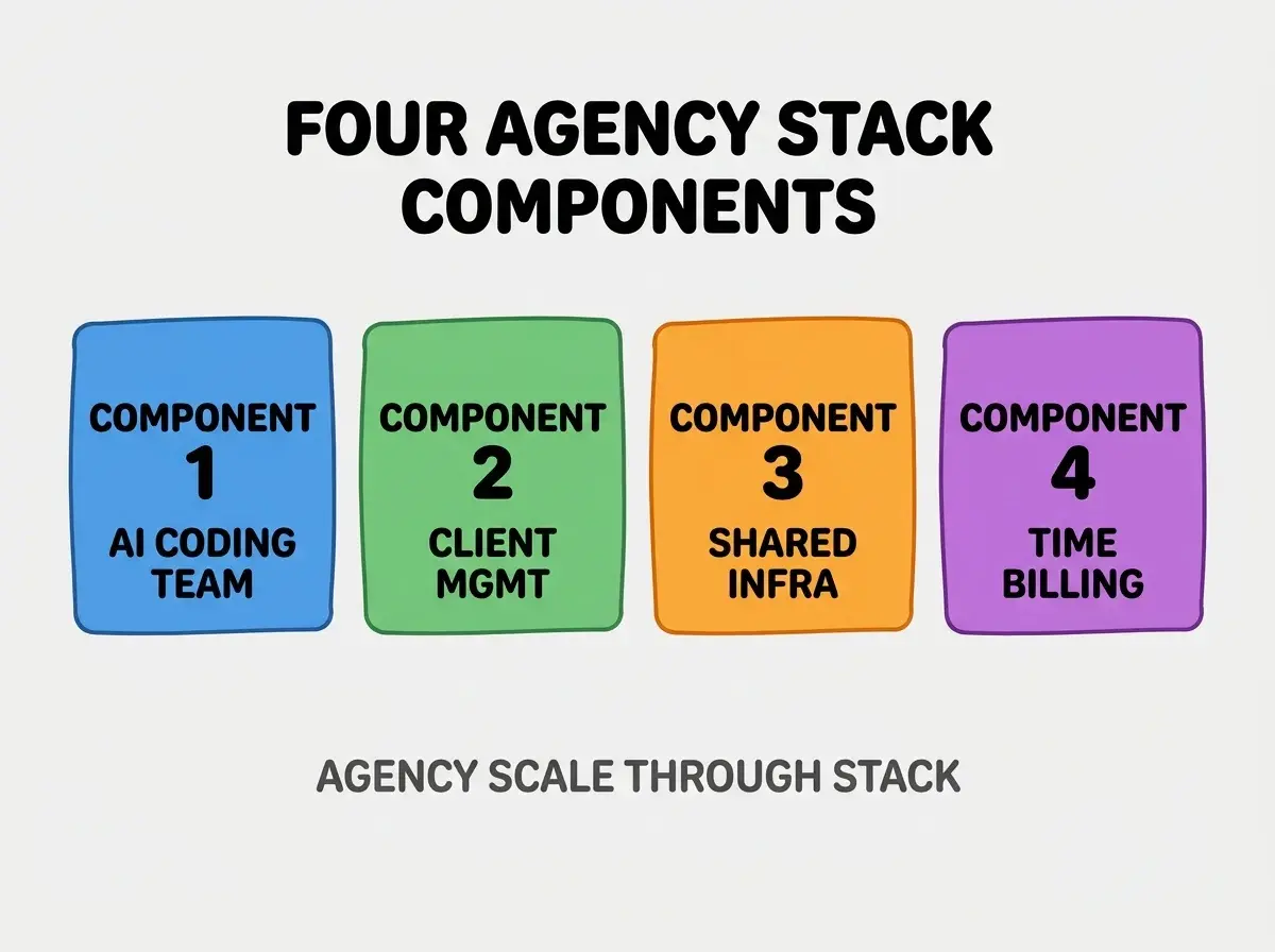 Clean modern flat infographic on light gray background. Top center bold black title text: FOUR AGENCY STACK COMPONENTS. Below title, four equal sized colored rounded rectangle cards arranged horizontally. Card 1 blue: large bold text COMPONENT 1 then smaller text AI CODING TEAM. Card 2 green: large bold text COMPONENT 2 then smaller text CLIENT MGMT. Card 3 orange: large bold text COMPONENT 3 then smaller text SHARED INFRA. Card 4 purple: large bold text COMPONENT 4 then smaller text TIME BILLING. Single footer line below cards in dark gray text: AGENCY SCALE THROUGH STACK. Nothing else on canvas. No text outside cards or below cards.