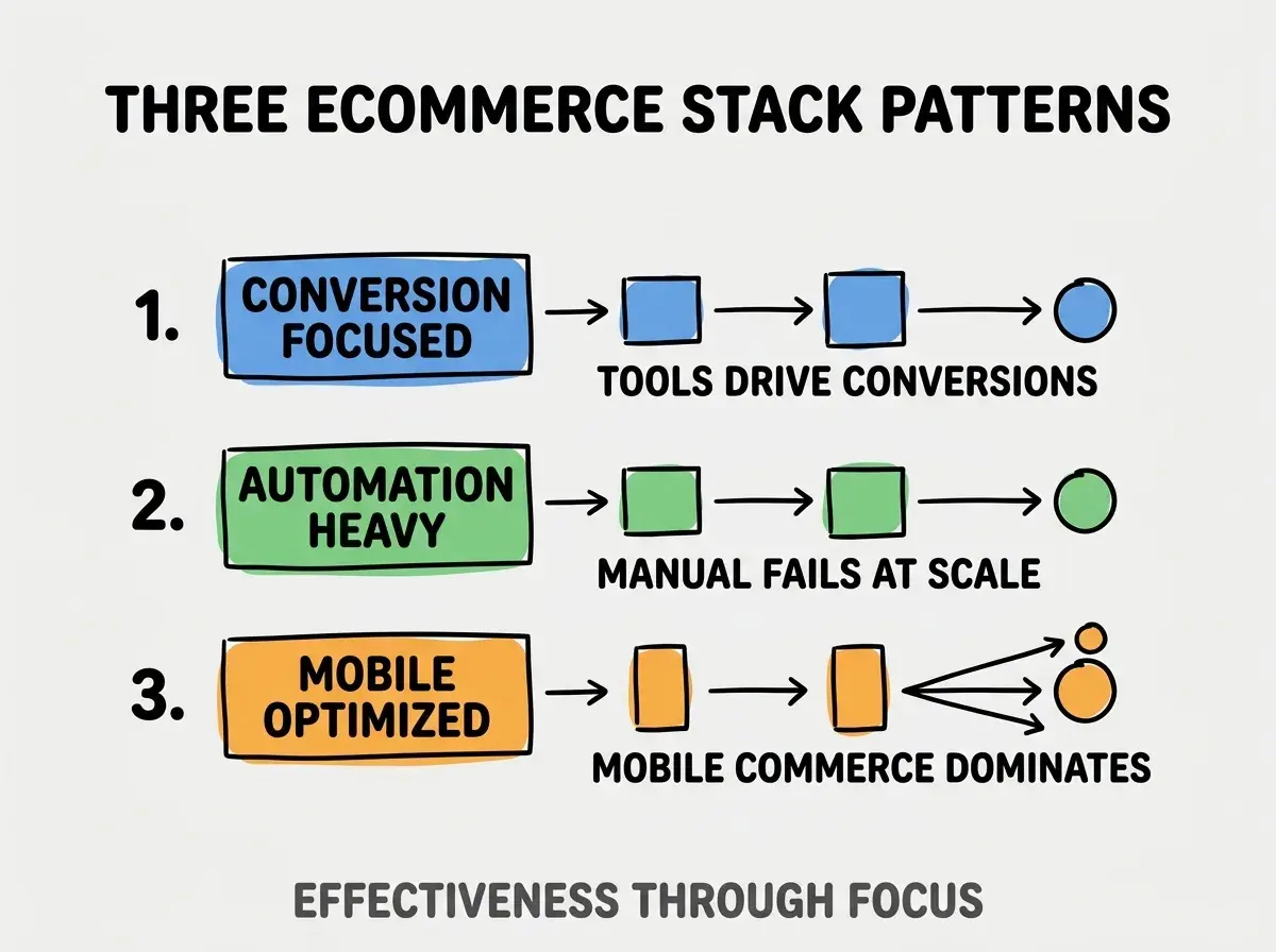 Clean modern flat infographic on light gray background. Top title bold black: THREE ECOMMERCE STACK PATTERNS. Single vertical numbered list with three rows. Row 1 blue badge CONVERSION FOCUSED with subtitle TOOLS DRIVE CONVERSIONS. Row 2 green badge AUTOMATION HEAVY with subtitle MANUAL FAILS AT SCALE. Row 3 orange badge MOBILE OPTIMIZED with subtitle MOBILE COMMERCE DOMINATES. Footer text dark gray: EFFECTIVENESS THROUGH FOCUS. Each label appears exactly once. No duplicated text.