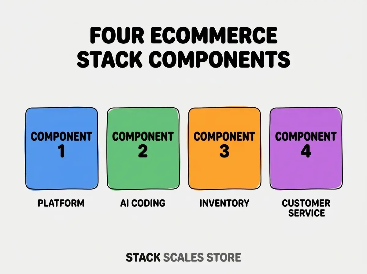 Clean modern flat infographic on light gray background. Top center bold black title text: FOUR ECOMMERCE STACK COMPONENTS. Below title, four equal sized colored rounded rectangle cards arranged horizontally. Card 1 blue: large bold text COMPONENT 1 then smaller text PLATFORM. Card 2 green: large bold text COMPONENT 2 then smaller text AI CODING. Card 3 orange: large bold text COMPONENT 3 then smaller text INVENTORY. Card 4 purple: large bold text COMPONENT 4 then smaller text CUSTOMER SERVICE. Single footer line below cards in dark gray text: STACK SCALES STORE. Nothing else on canvas. No text outside cards or below cards.