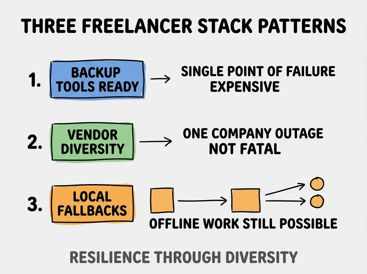 Clean modern flat infographic on light gray background. Top title bold black: THREE FREELANCER STACK PATTERNS. Single vertical numbered list with three rows. Row 1 blue badge BACKUP TOOLS READY with subtitle SINGLE POINT OF FAILURE EXPENSIVE. Row 2 green badge VENDOR DIVERSITY with subtitle ONE COMPANY OUTAGE NOT FATAL. Row 3 orange badge LOCAL FALLBACKS with subtitle OFFLINE WORK STILL POSSIBLE. Footer text dark gray: RESILIENCE THROUGH DIVERSITY. Each label appears exactly once. No duplicated text.