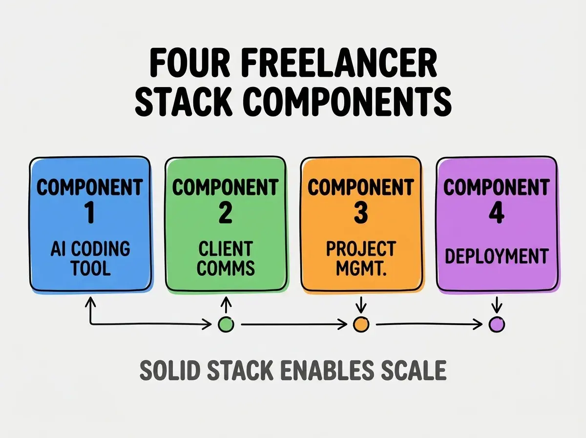 Clean modern flat infographic on light gray background. Top center bold black title text: FOUR FREELANCER STACK COMPONENTS. Below title, four equal sized colored rounded rectangle cards arranged horizontally. Card 1 blue: large bold text COMPONENT 1 then smaller text AI CODING TOOL. Card 2 green: large bold text COMPONENT 2 then smaller text CLIENT COMMS. Card 3 orange: large bold text COMPONENT 3 then smaller text PROJECT MGMT. Card 4 purple: large bold text COMPONENT 4 then smaller text DEPLOYMENT. Single footer line below cards in dark gray text: SOLID STACK ENABLES SCALE. Nothing else on canvas. No text outside cards or below cards.