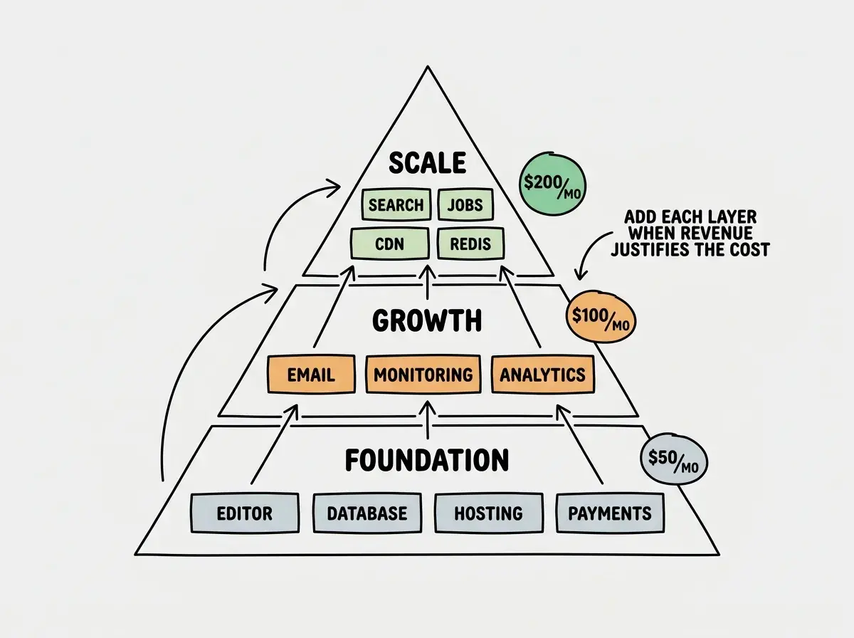EXPLAINER DIAGRAM: A pyramid diagram with three tiers. The bottom tier labeled FOUNDATION (Month 1) shows AI Editor, Database, Hosting, and Payments. The middle tier labeled GROWTH (Month 3-6) shows Email Upgrade, Error Monitoring, and Analytics. The top tier labeled SCALE (Month 6+) shows Search, Background Jobs, CDN, and Redis. Along the left side, cost markers show $50/mo at the bottom, $100/mo at middle, and $200/mo at top. A note beside the pyramid reads ADD EACH LAYER WHEN REVENUE JUSTIFIES THE COST.