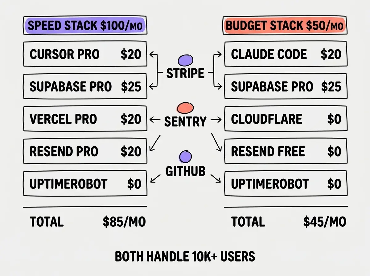 EXPLAINER DIAGRAM: A two-column comparison layout. Left column headed SPEED-OPTIMIZED STACK ($100/mo) lists Cursor Pro at $20, Supabase Pro at $25, Vercel Pro at $20, Resend Pro at $20, and UptimeRobot Free at $0 with a total of $85/mo. Right column headed BUDGET-OPTIMIZED STACK ($50/mo) lists Claude Code (Max) at $20, Supabase Pro at $25, Cloudflare Pages at $0, Resend Free at $0, and UptimeRobot Free at $0 with a total of $45/mo. Between the columns, shared tools listed: Stripe (pay per transaction), Sentry Free, GitHub Free. A footer reads BOTH STACKS HANDLE 10K+ MONTHLY ACTIVE USERS.