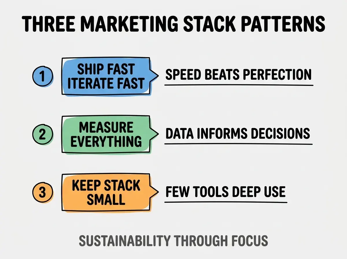 Clean modern flat infographic on light gray background. Top title bold black: THREE MARKETING STACK PATTERNS. Single vertical numbered list with three rows. Row 1 blue badge SHIP FAST ITERATE FAST with subtitle SPEED BEATS PERFECTION. Row 2 green badge MEASURE EVERYTHING with subtitle DATA INFORMS DECISIONS. Row 3 orange badge KEEP STACK SMALL with subtitle FEW TOOLS DEEP USE. Footer text dark gray: SUSTAINABILITY THROUGH FOCUS. Each label appears exactly once. No duplicated text.