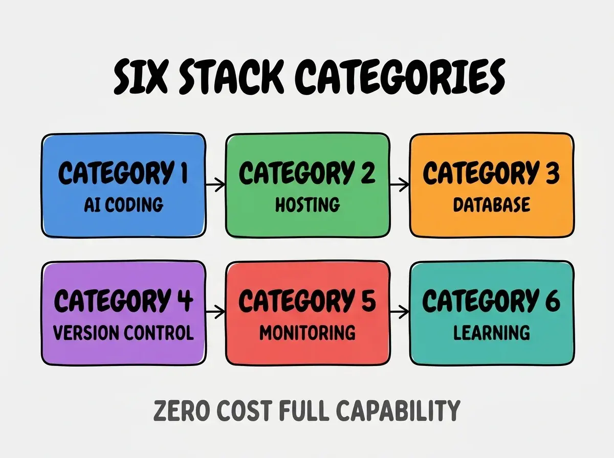 Clean modern flat infographic on light gray background. Top center bold black title text: SIX STACK CATEGORIES. Below title, six equal sized colored rounded rectangle cards arranged in two rows of three. Card 1 blue: large bold text CATEGORY 1 then smaller text AI CODING. Card 2 green: large bold text CATEGORY 2 then smaller text HOSTING. Card 3 orange: large bold text CATEGORY 3 then smaller text DATABASE. Card 4 purple: large bold text CATEGORY 4 then smaller text VERSION CONTROL. Card 5 red: large bold text CATEGORY 5 then smaller text MONITORING. Card 6 teal: large bold text CATEGORY 6 then smaller text LEARNING. Single footer line below cards in dark gray text: ZERO COST FULL CAPABILITY. Nothing else on canvas. No text outside cards or below cards.