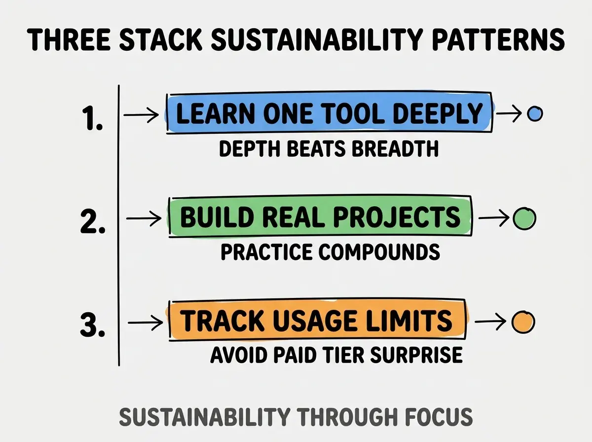 Clean modern flat infographic on light gray background. Top title bold black: THREE STACK SUSTAINABILITY PATTERNS. Single vertical numbered list with three rows. Row 1 blue badge LEARN ONE TOOL DEEPLY with subtitle DEPTH BEATS BREADTH. Row 2 green badge BUILD REAL PROJECTS with subtitle PRACTICE COMPOUNDS. Row 3 orange badge TRACK USAGE LIMITS with subtitle AVOID PAID TIER SURPRISE. Footer text dark gray: SUSTAINABILITY THROUGH FOCUS. Each label appears exactly once. No duplicated text.