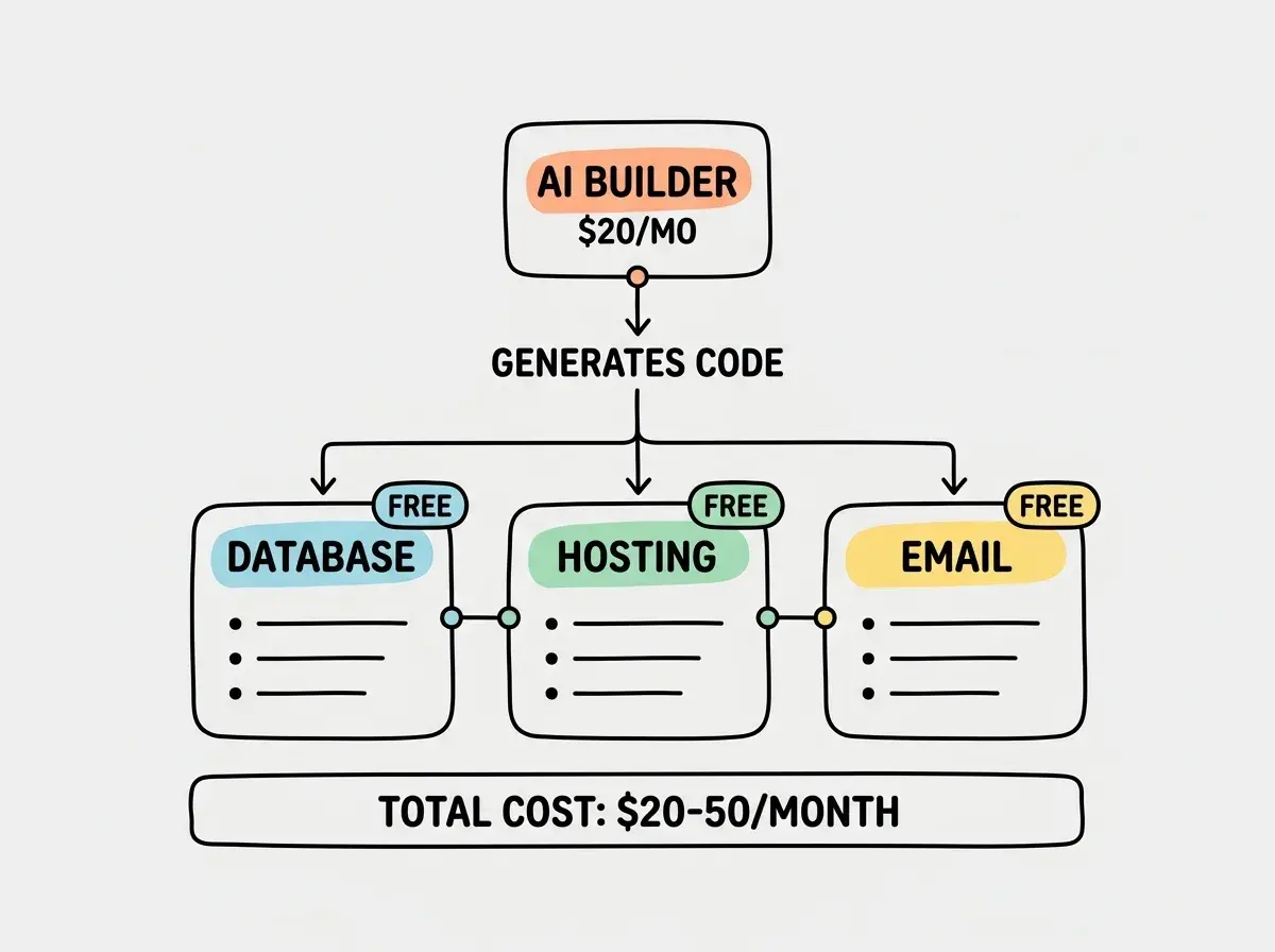EXPLAINER DIAGRAM: A vertical flow chart showing the founder tool stack. At the top, a box labeled AI BUILDER contains the Lovable logo with $20/mo noted. An arrow labeled GENERATES CODE flows down to a middle row of three connected boxes: DATABASE showing Supabase with FREE label, HOSTING showing Vercel with FREE label, and EMAIL showing Resend with FREE label. Below all three, a summary bar reads TOTAL COST: $20-50/MONTH. Each box has 2-3 bullet points listing key free tier limits.