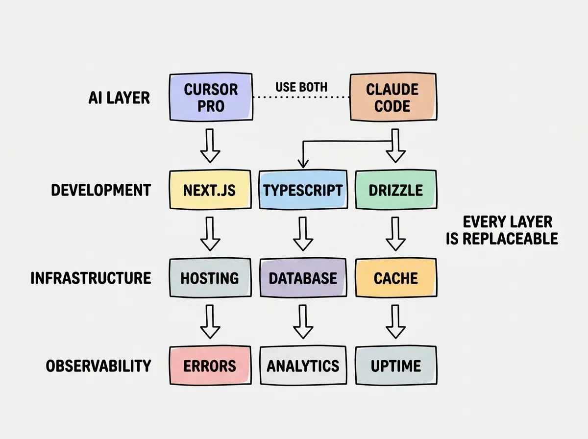 EXPLAINER DIAGRAM: A layered architecture diagram showing the senior developer stack. The top layer labeled AI LAYER shows Cursor Pro and Claude Code side by side with a dotted line between them labeled USE BOTH. Below that, a DEVELOPMENT layer shows Next.js, TypeScript, and Drizzle ORM in a row. Below that, an INFRASTRUCTURE layer shows Vercel or Cloudflare, Supabase or Neon, and Upstash Redis. The bottom layer labeled OBSERVABILITY shows Sentry, PostHog, and UptimeRobot. Arrows flow downward between layers. A side annotation reads EVERY LAYER IS INDEPENDENTLY REPLACEABLE.