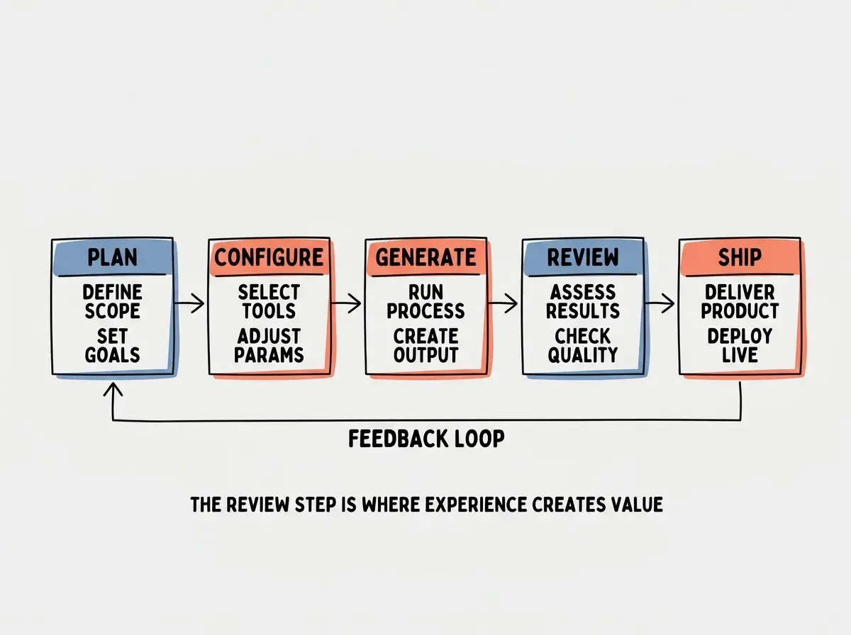 EXPLAINER DIAGRAM: A horizontal workflow diagram showing the senior developer's AI coding loop. Five connected boxes flow left to right: PLAN (system sketch, architecture decisions) flows to CONFIGURE (cursorrules, CLAUDE.md, TypeScript strict) flows to GENERATE (Cursor Composer or Claude Code) flows to REVIEW (git diff, type check, lint) flows to SHIP (automated CI, monitoring, alerts). Below the flow, a feedback arrow loops from SHIP back to PLAN labeled OBSERVABILITY FEEDBACK. A note reads THE REVIEW STEP IS WHERE EXPERIENCE CREATES VALUE.